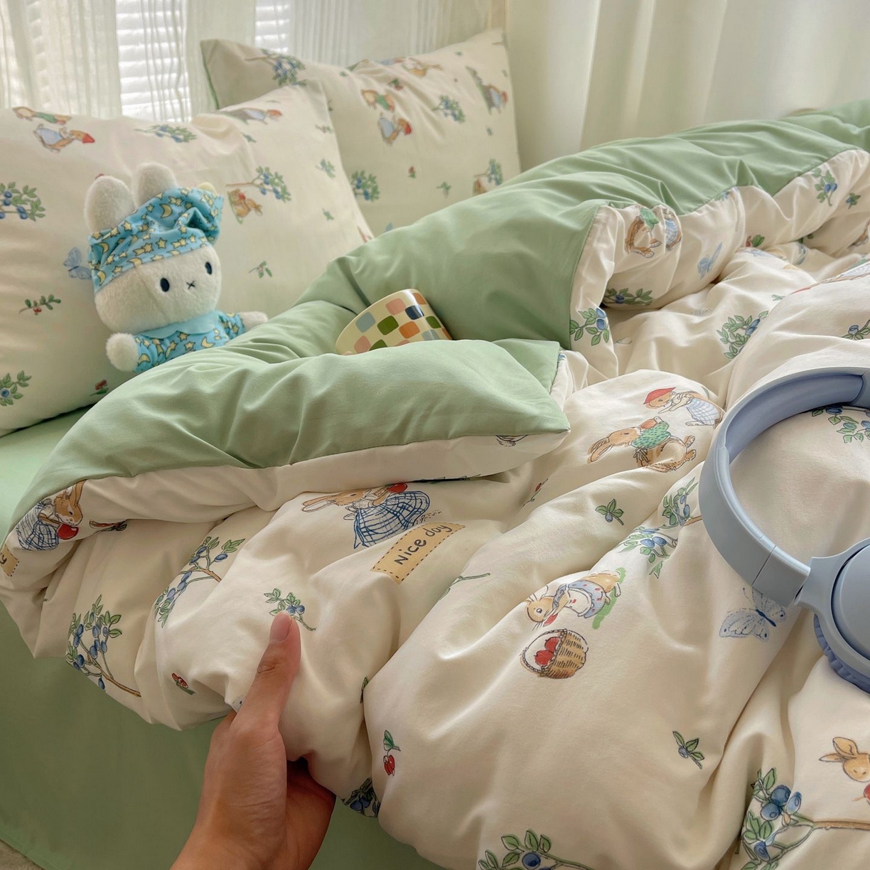 91家纺网 家纺一手货源 找家纺 初念 2026新款A类小清新古法简约水洗棉四件套 小兔弦音