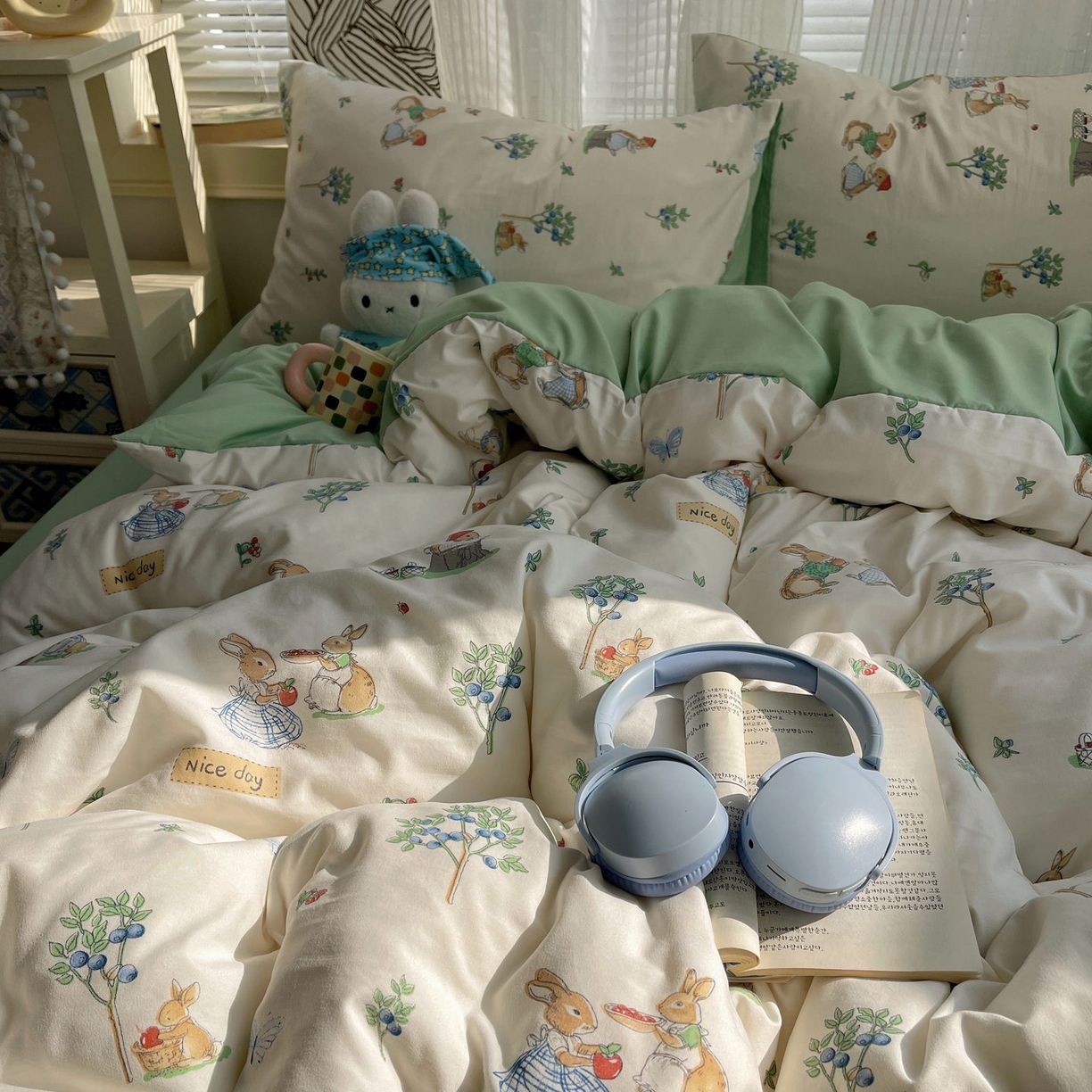 91家纺网 家纺一手货源 找家纺 初念 2026新款A类小清新古法简约水洗棉四件套 小兔弦音