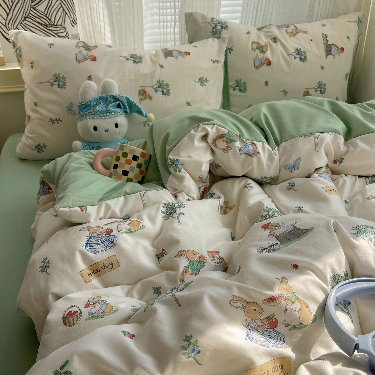 91家纺网 家纺一手货源 找家纺 初念 2026新款A类小清新古法简约水洗棉四件套 小兔弦音