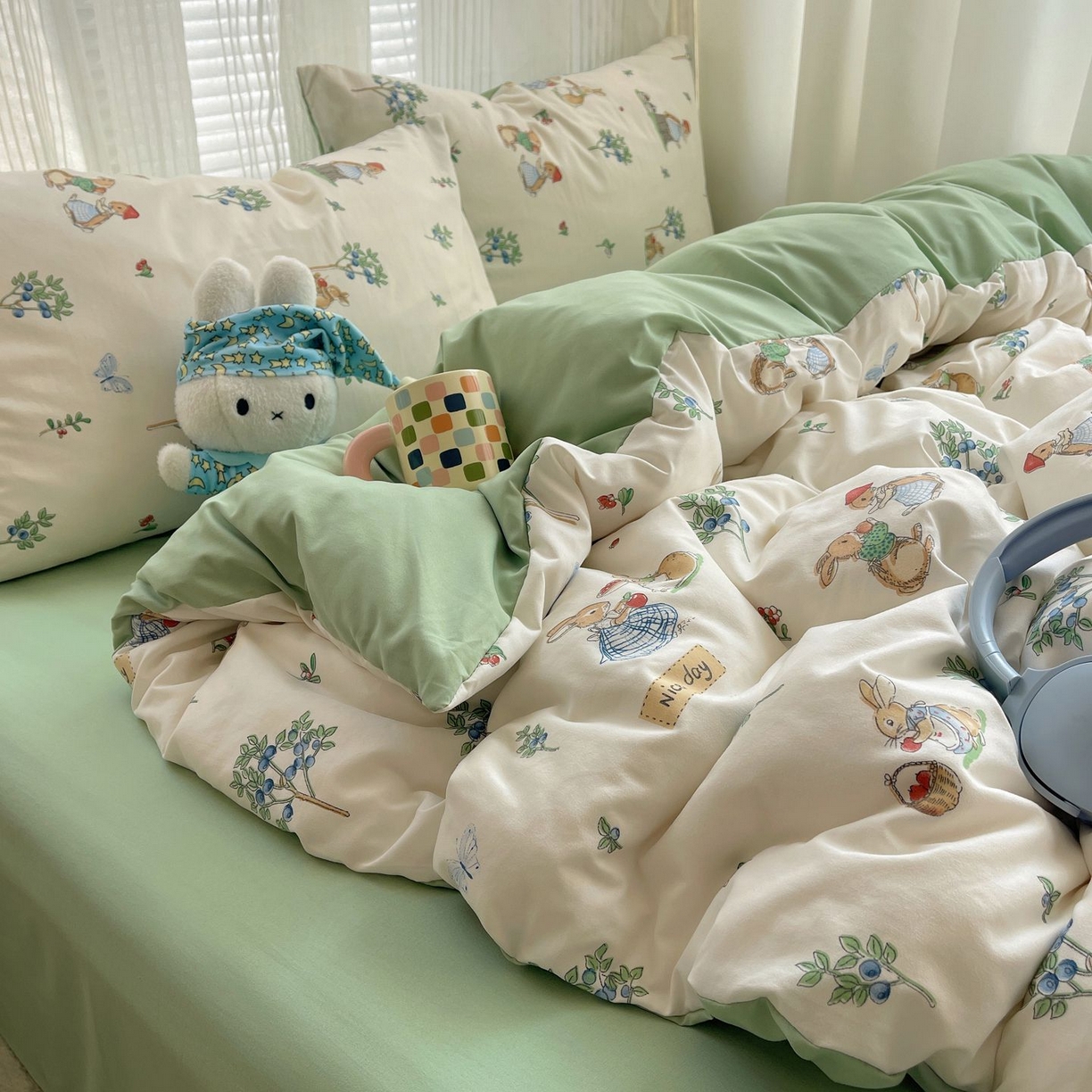 91家纺网 家纺一手货源 找家纺 初念 2026新款A类小清新古法简约水洗棉四件套 小兔弦音