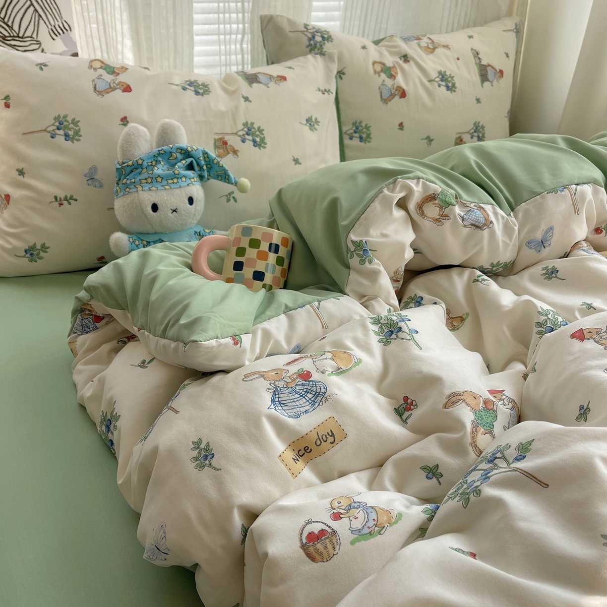 91家纺网 家纺一手货源 找家纺 初念 2026新款A类小清新古法简约水洗棉四件套 小兔弦音