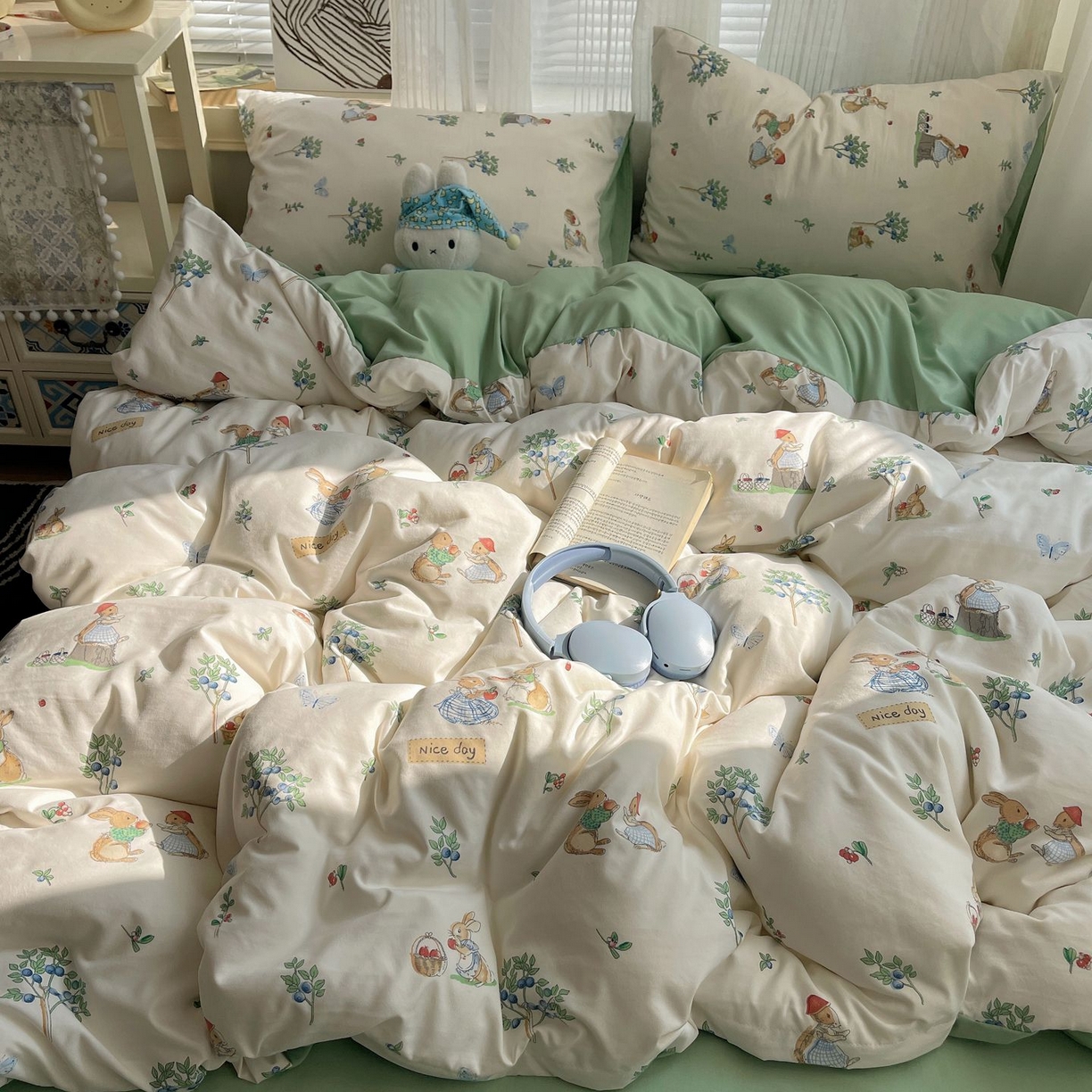 91家纺网 家纺一手货源 找家纺 初念 2026新款A类小清新古法简约水洗棉四件套 小兔弦音