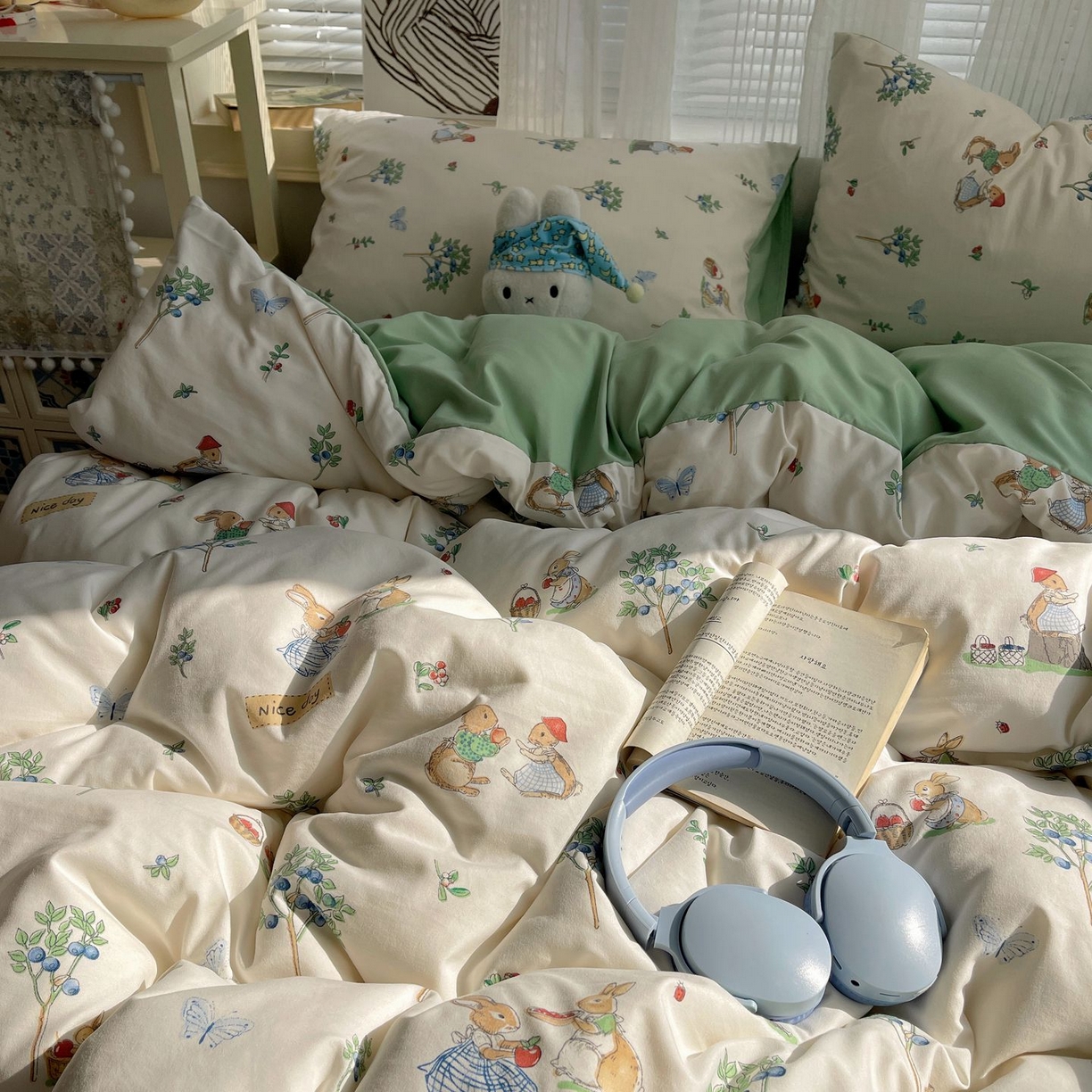 91家纺网 家纺一手货源 找家纺 初念 2026新款A类小清新古法简约水洗棉四件套 小兔弦音