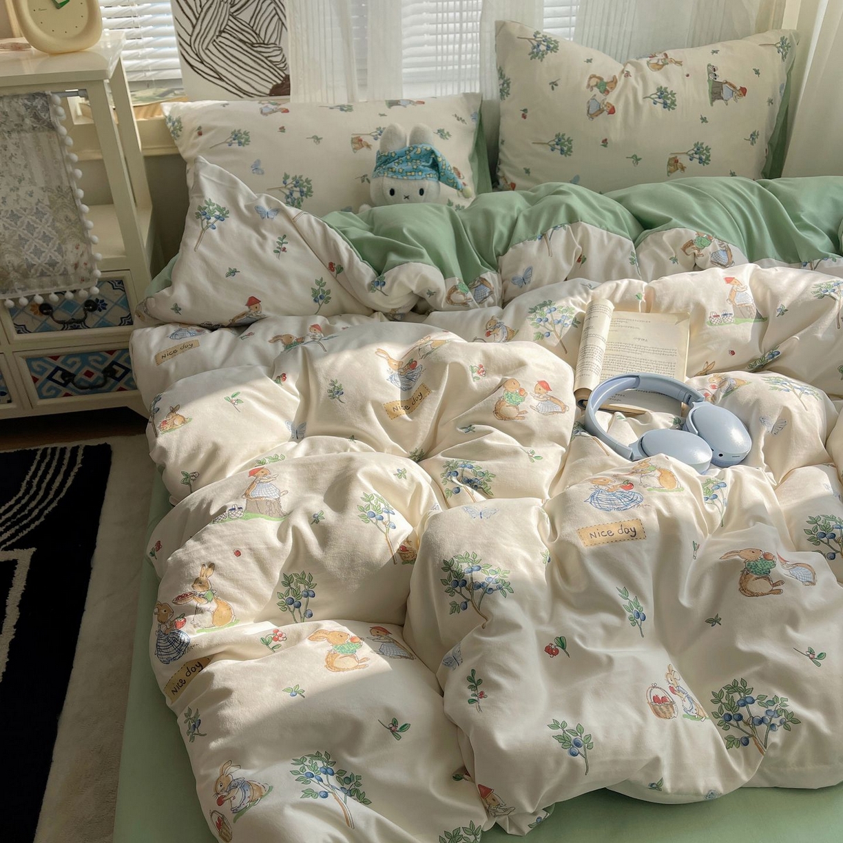 91家纺网 家纺一手货源 找家纺 初念 2026新款A类小清新古法简约水洗棉四件套 小兔弦音