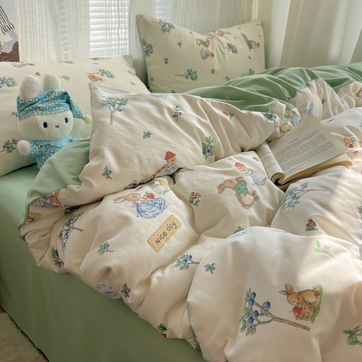 91家纺网 家纺一手货源 找家纺 初念 2026新款A类小清新古法简约水洗棉四件套 小兔弦音