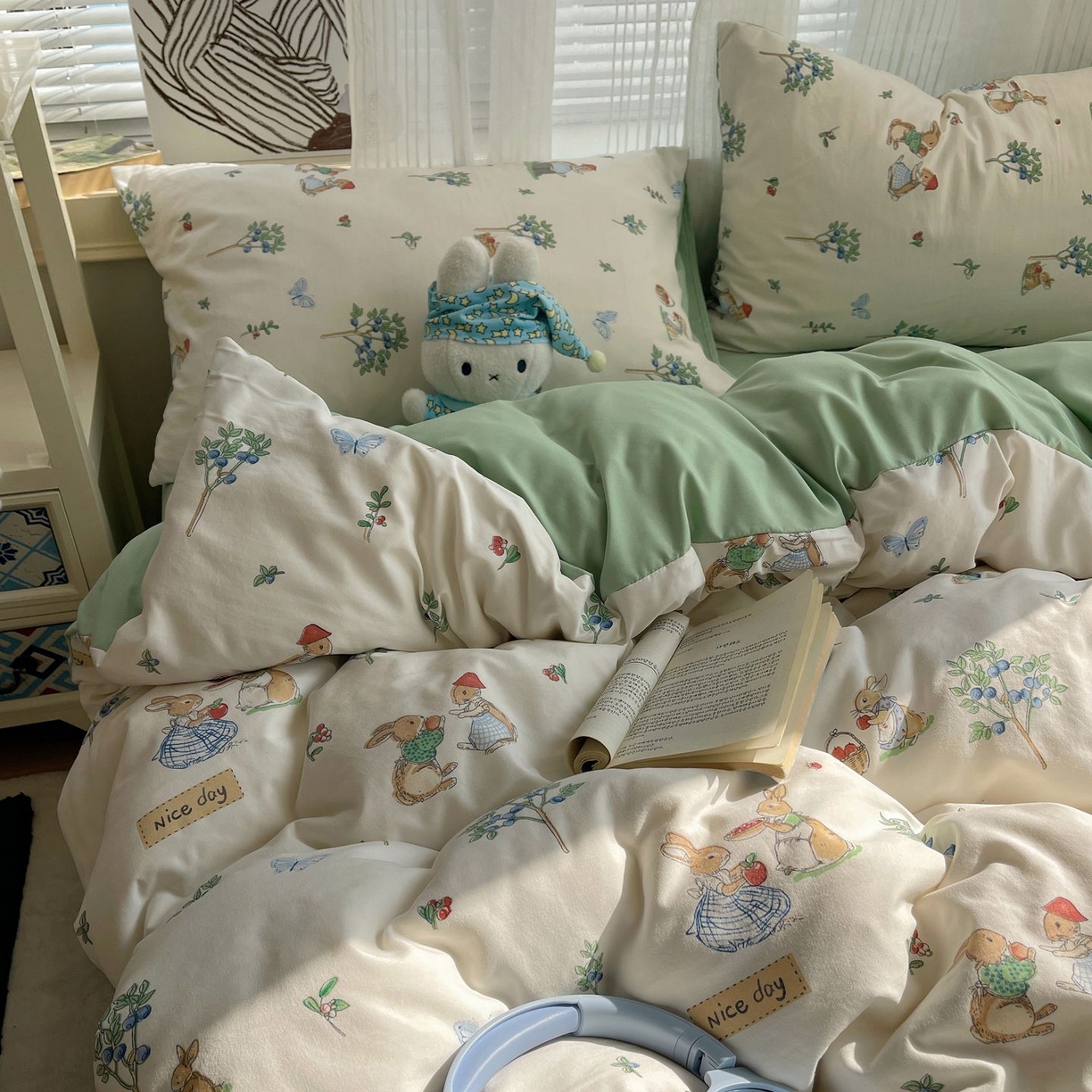 91家纺网 家纺一手货源 找家纺 初念 2026新款A类小清新古法简约水洗棉四件套 小兔弦音