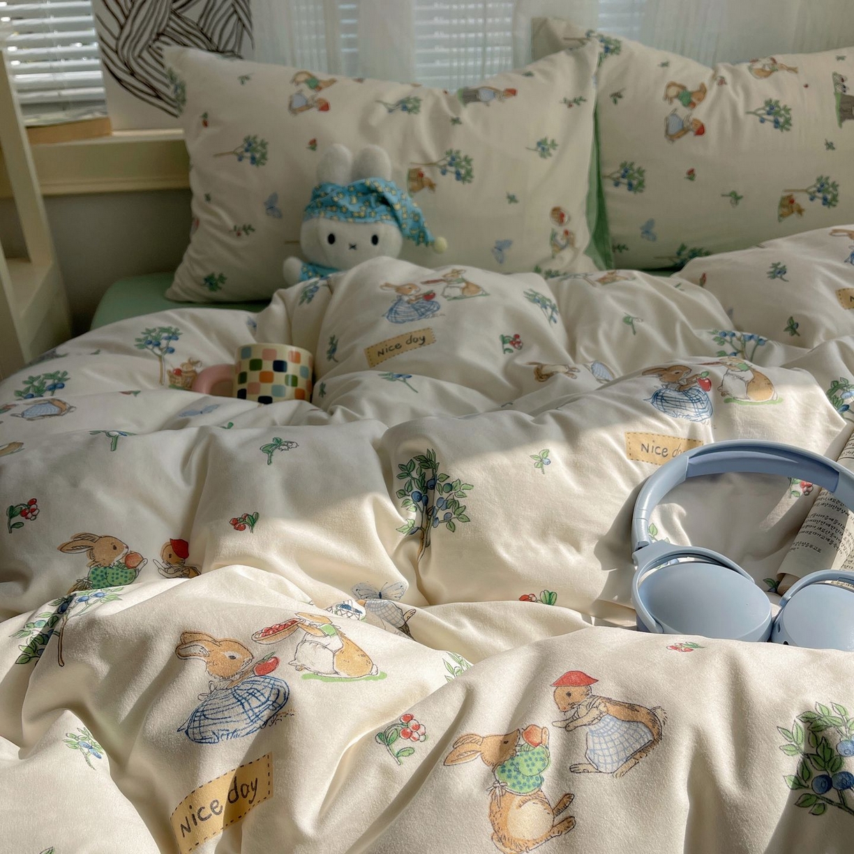 91家纺网 家纺一手货源 找家纺 初念 2026新款A类小清新古法简约水洗棉四件套 小兔弦音