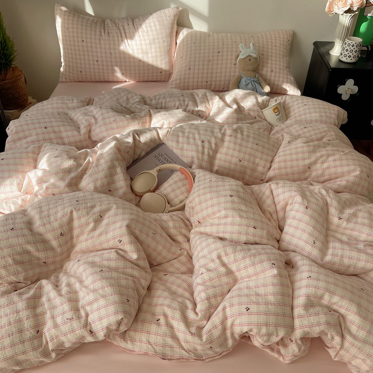 91家纺网 家纺一手货源 找家纺 初念 2026新款A类小清新古法简约水洗棉四件套 樱桃计划