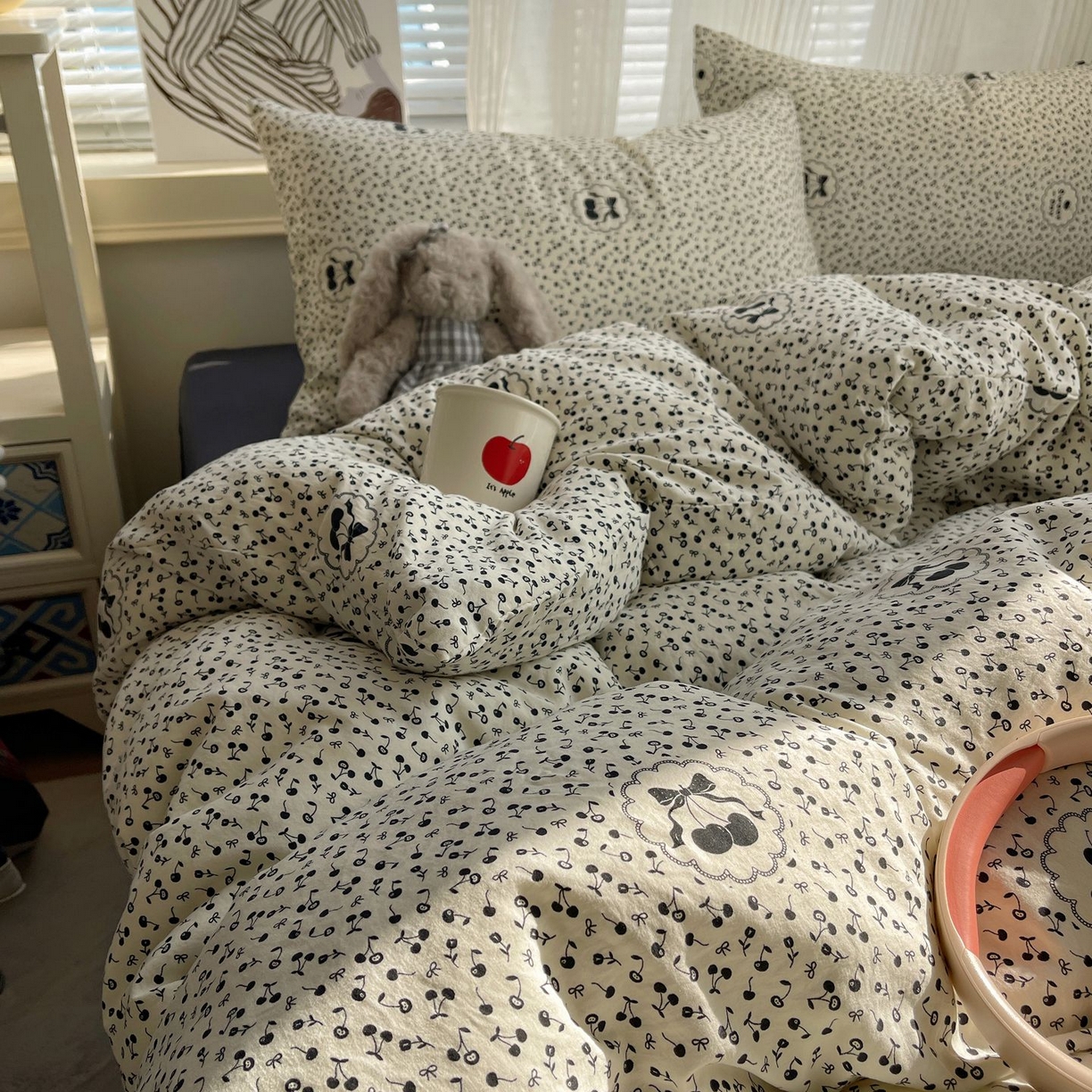 91家纺网 家纺一手货源 找家纺 初念 2026新款A类小清新古法简约水洗棉四件套 樱桃心事