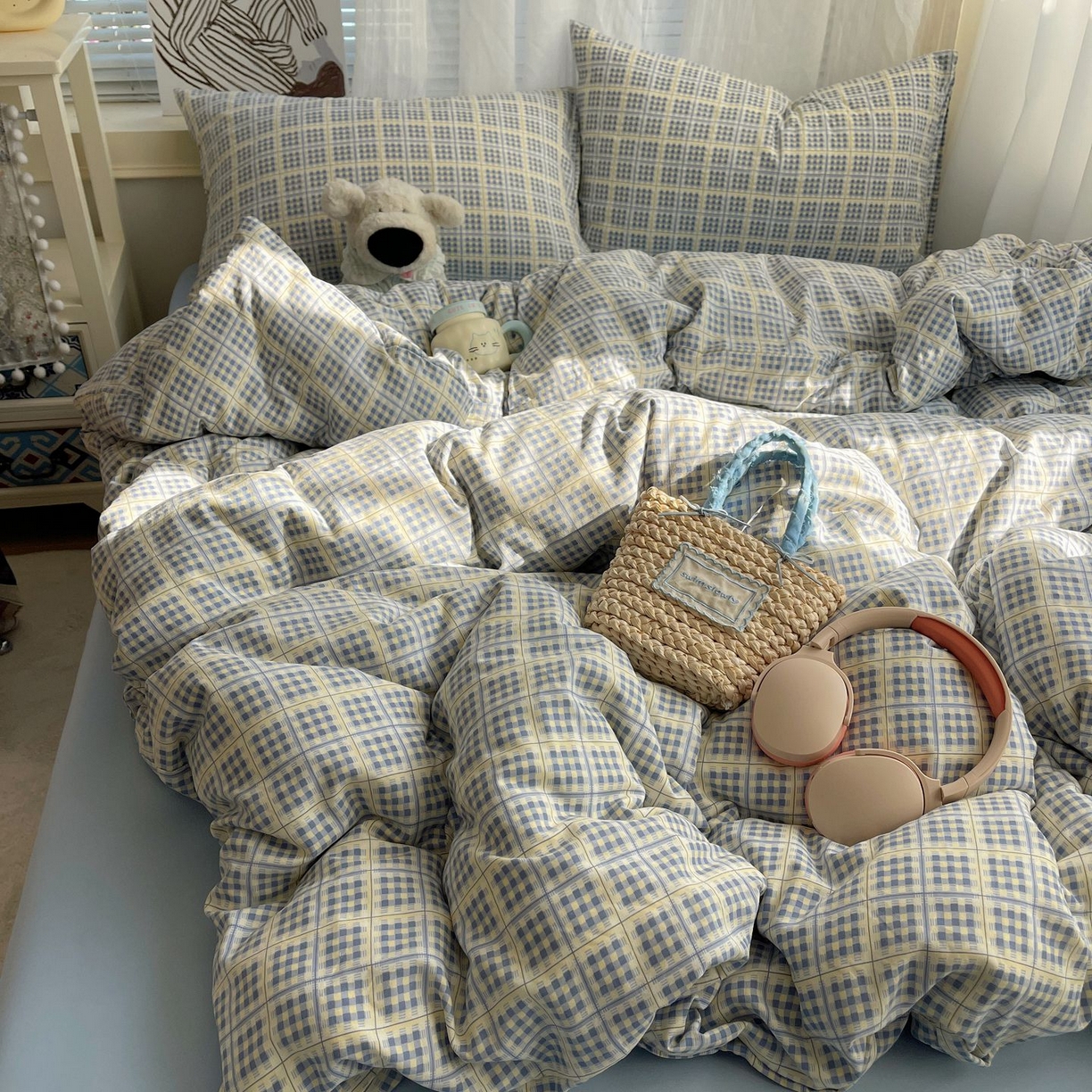 91家纺网 家纺一手货源 找家纺 初念 2026新款A类小清新古法简约水洗棉四件套 圆珠笔