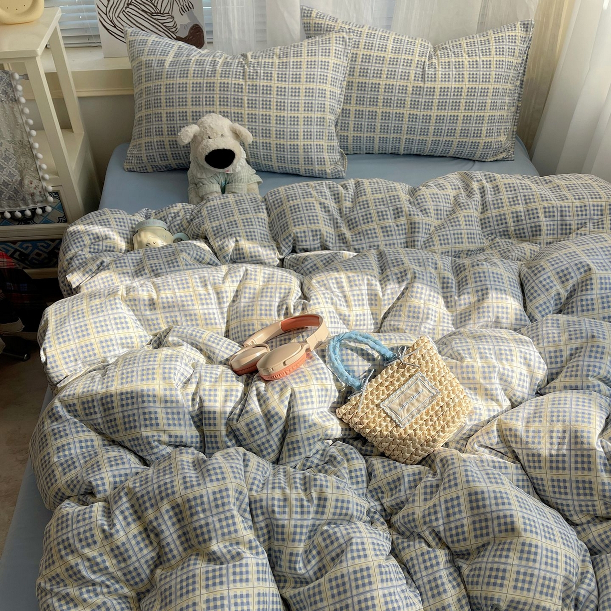 91家纺网 家纺一手货源 找家纺 初念 2026新款A类小清新古法简约水洗棉四件套 圆珠笔