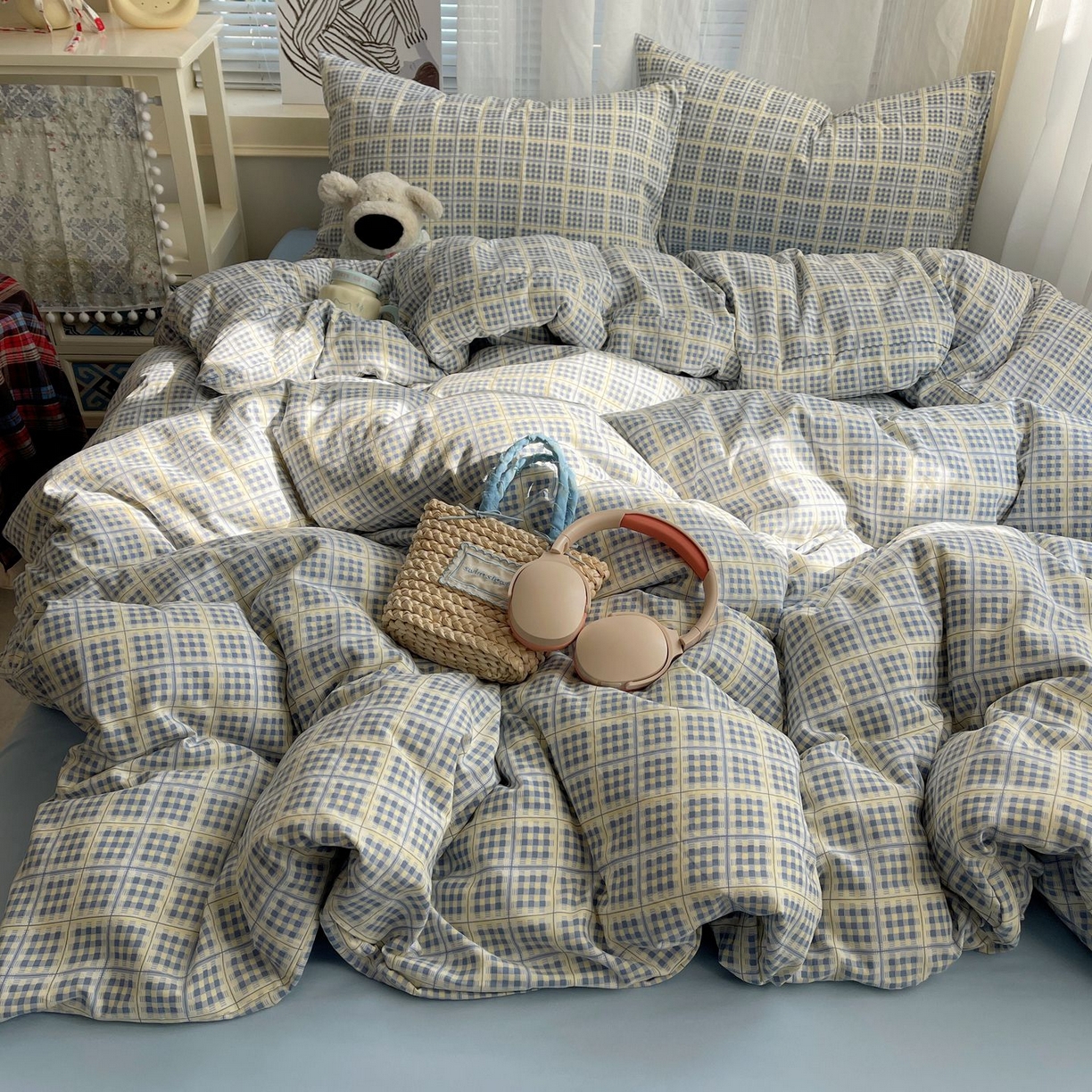 91家纺网 家纺一手货源 找家纺 初念 2026新款A类小清新古法简约水洗棉四件套 圆珠笔