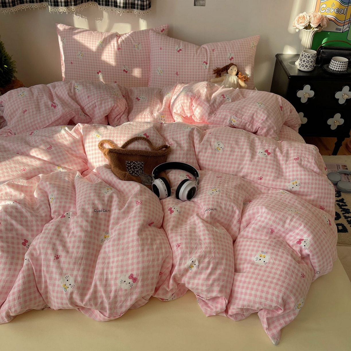 91家纺网 家纺一手货源 找家纺 初念 2026新款A类小清新古法简约水洗棉四件套 宅宅猫爪-粉