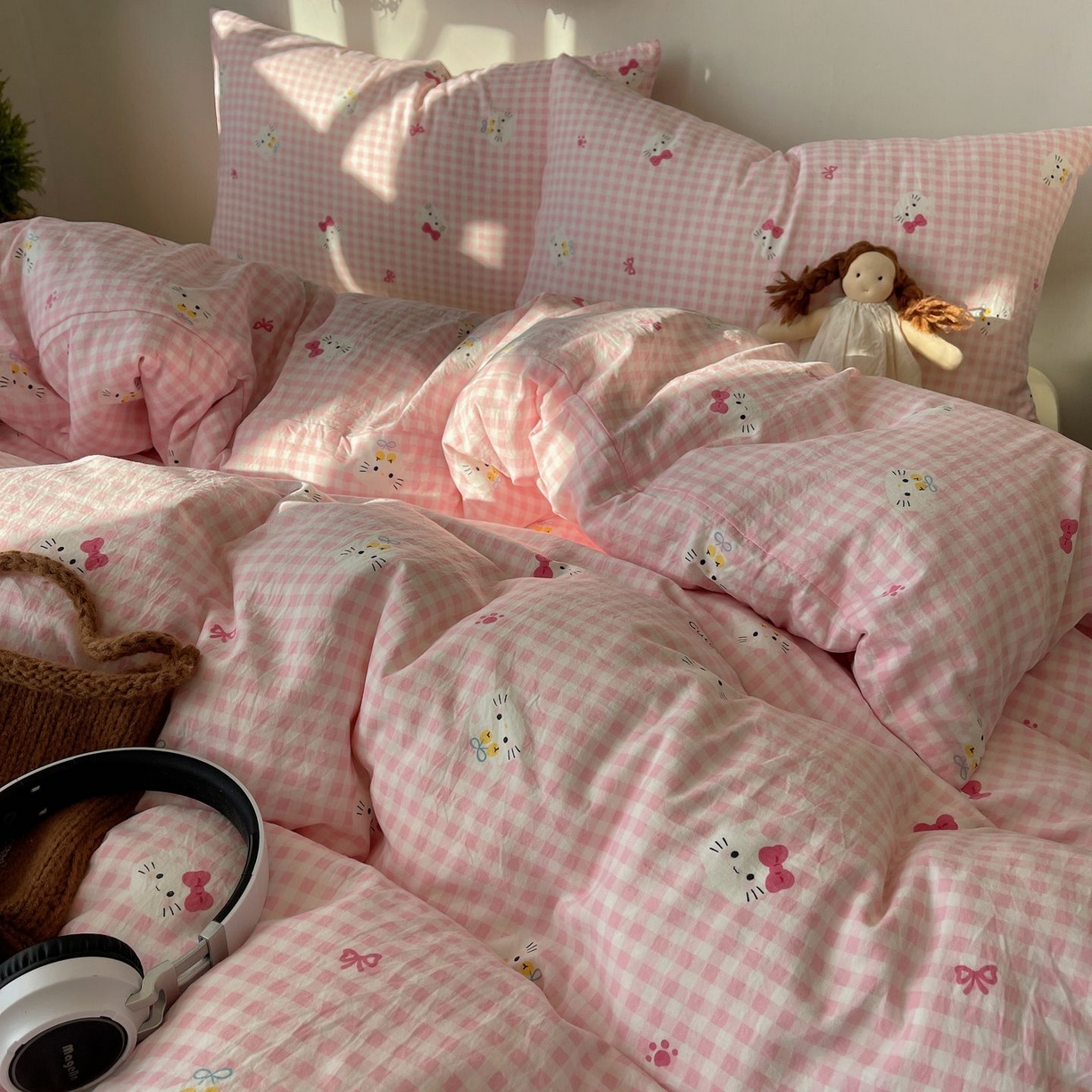 91家纺网 家纺一手货源 找家纺 初念 2026新款A类小清新古法简约水洗棉四件套 宅宅猫爪-粉