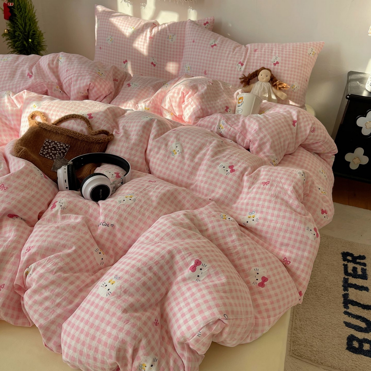 91家纺网 家纺一手货源 找家纺 初念 2026新款A类小清新古法简约水洗棉四件套 宅宅猫爪-粉