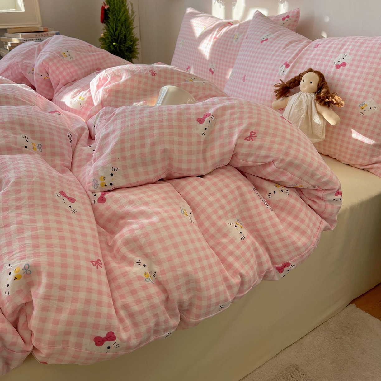 91家纺网 家纺一手货源 找家纺 初念 2026新款A类小清新古法简约水洗棉四件套 宅宅猫爪-粉