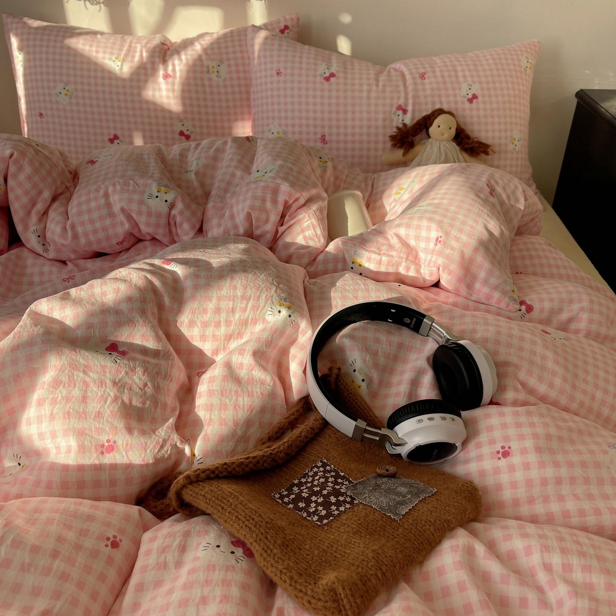 91家纺网 家纺一手货源 找家纺 初念 2026新款A类小清新古法简约水洗棉四件套 宅宅猫爪-粉