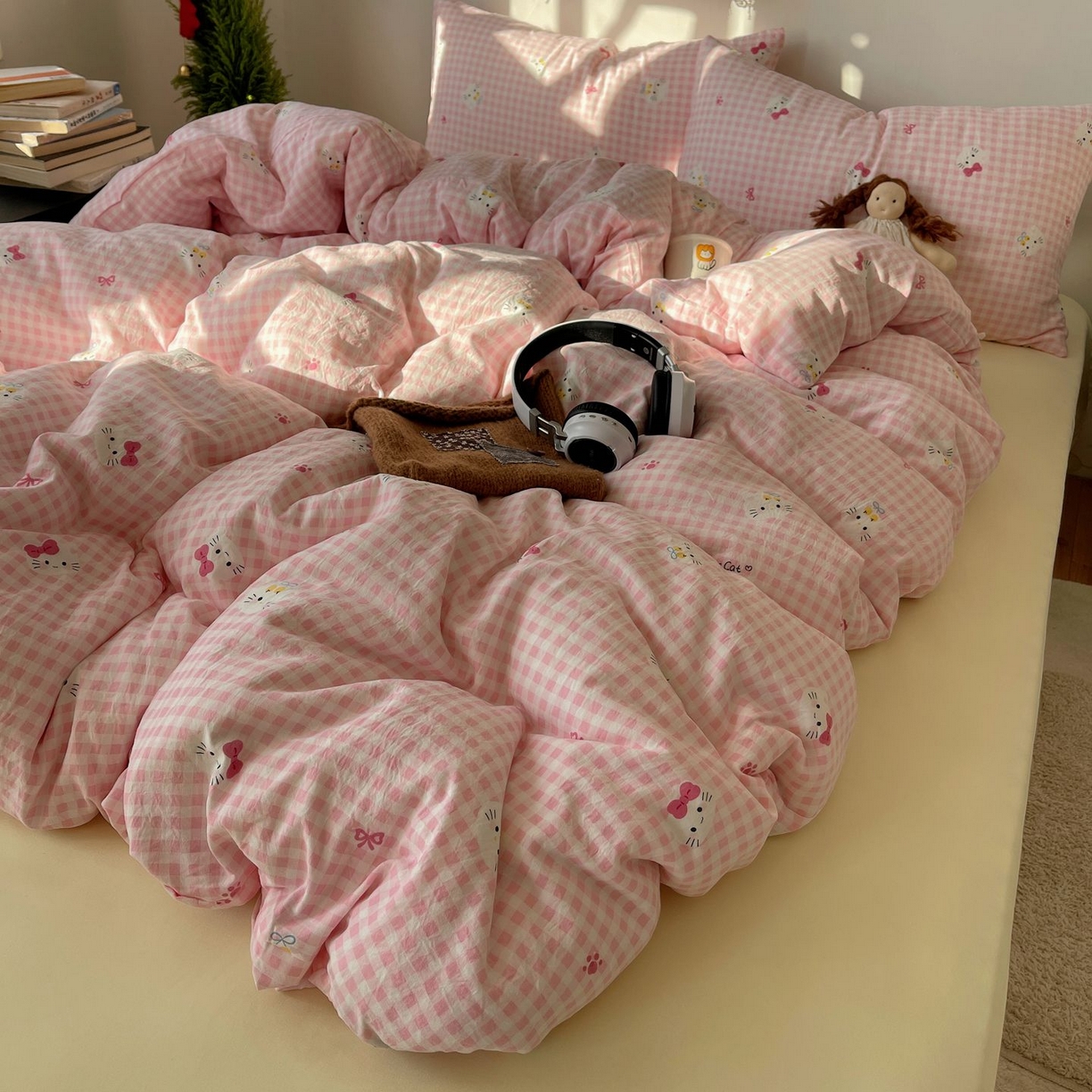 91家纺网 家纺一手货源 找家纺 初念 2026新款A类小清新古法简约水洗棉四件套 宅宅猫爪-粉