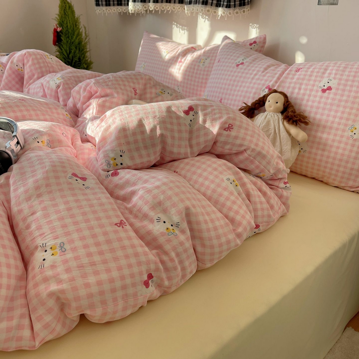 91家纺网 家纺一手货源 找家纺 初念 2026新款A类小清新古法简约水洗棉四件套 宅宅猫爪-粉