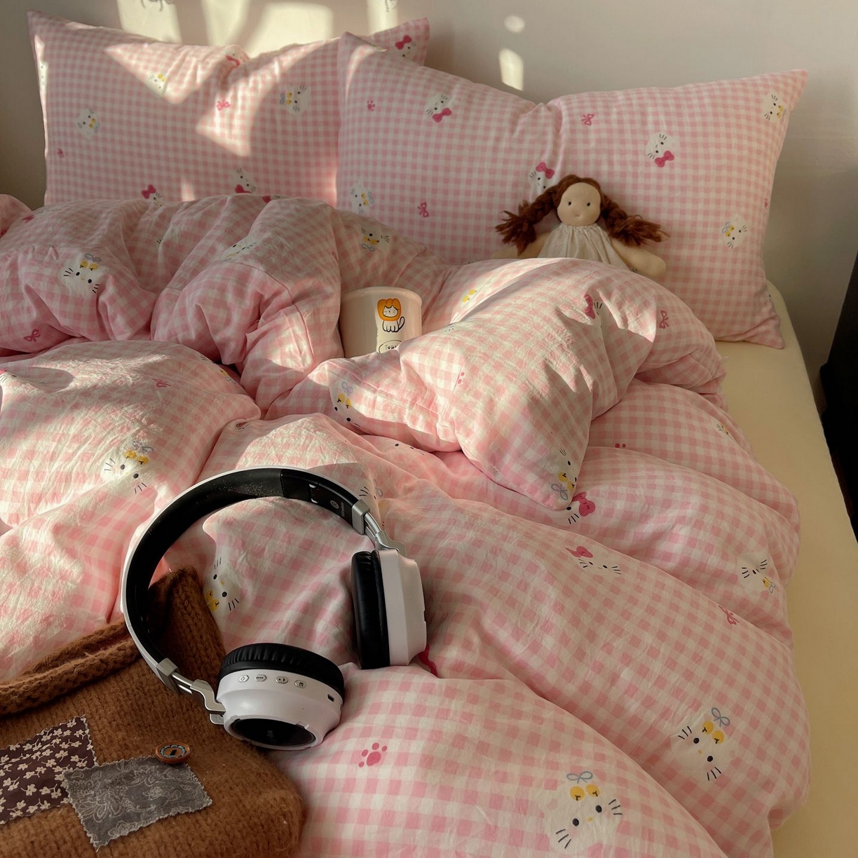 91家纺网 家纺一手货源 找家纺 初念 2026新款A类小清新古法简约水洗棉四件套 宅宅猫爪-粉