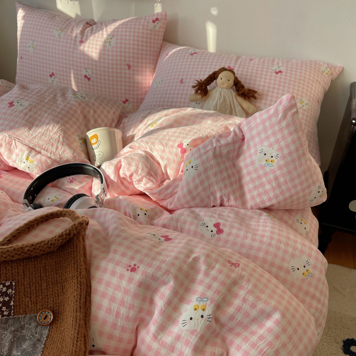 91家纺网 家纺一手货源 找家纺 初念 2026新款A类小清新古法简约水洗棉四件套 宅宅猫爪-粉