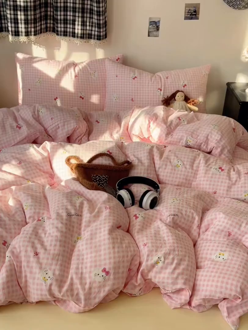 91家纺网 家纺一手货源 找家纺 初念 2026新款A类小清新古法简约水洗棉四件套 宅宅猫爪-粉