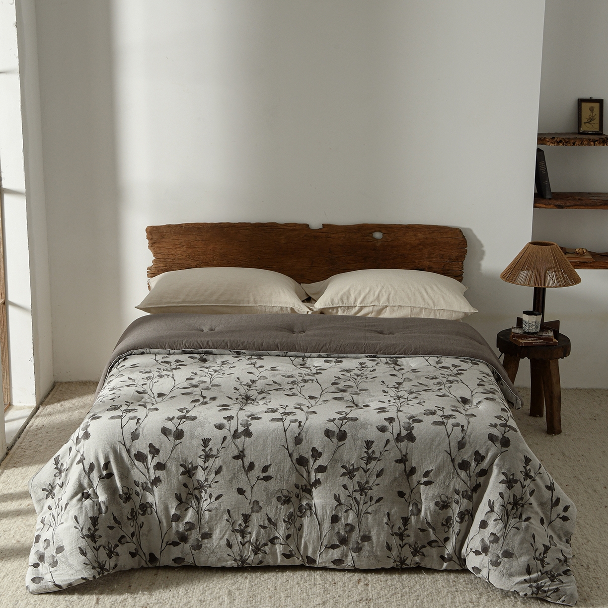 91家纺网 家纺一手货源 找家纺 （总）松色家居 2026新款全棉大豆冬被被子被芯-墨叶垂枝-灰