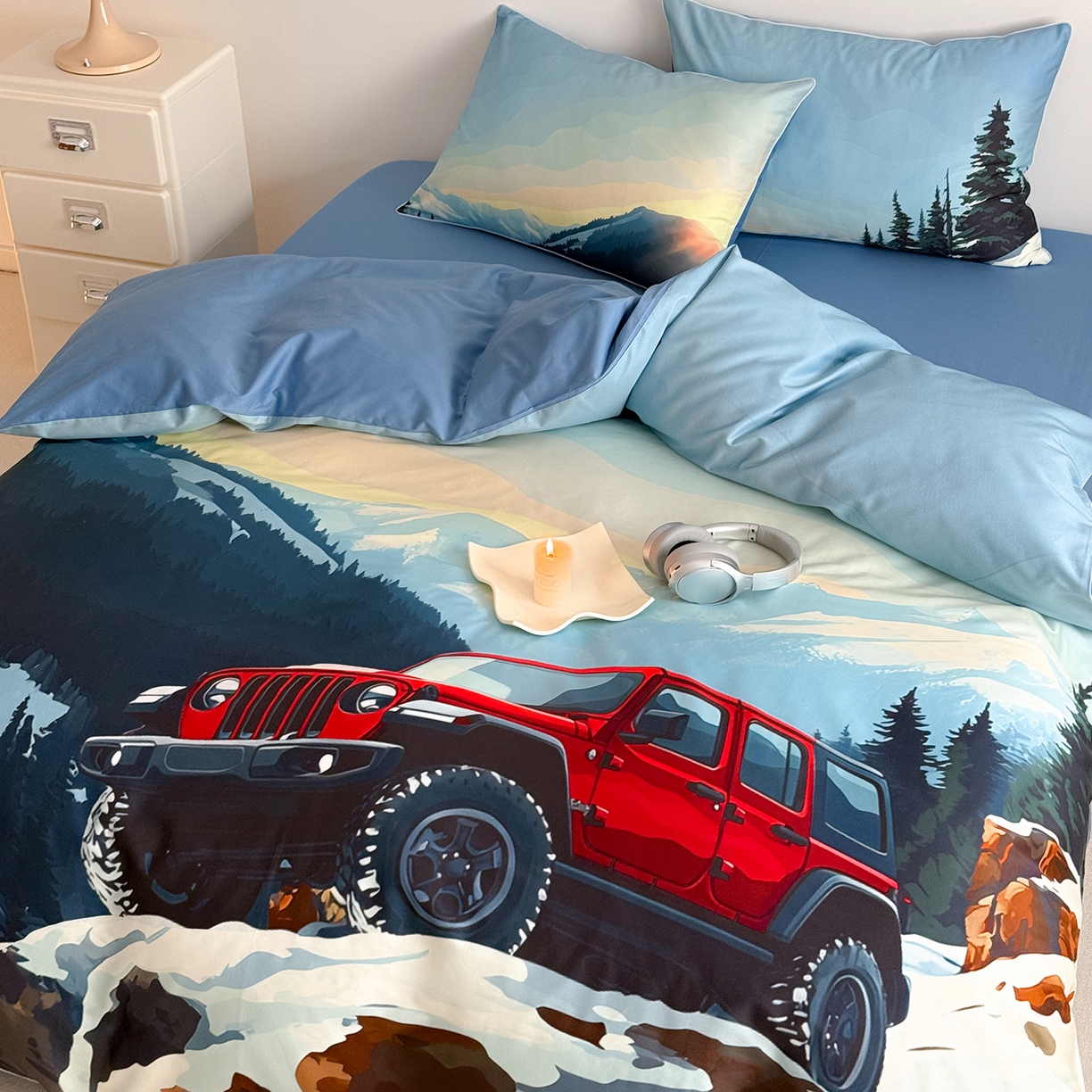 91家纺网 家纺一手货源 找家纺 （总）西西家居 2026新款100支澳棉数码印花独家专版数码汽车系列四件套--雪山穿越