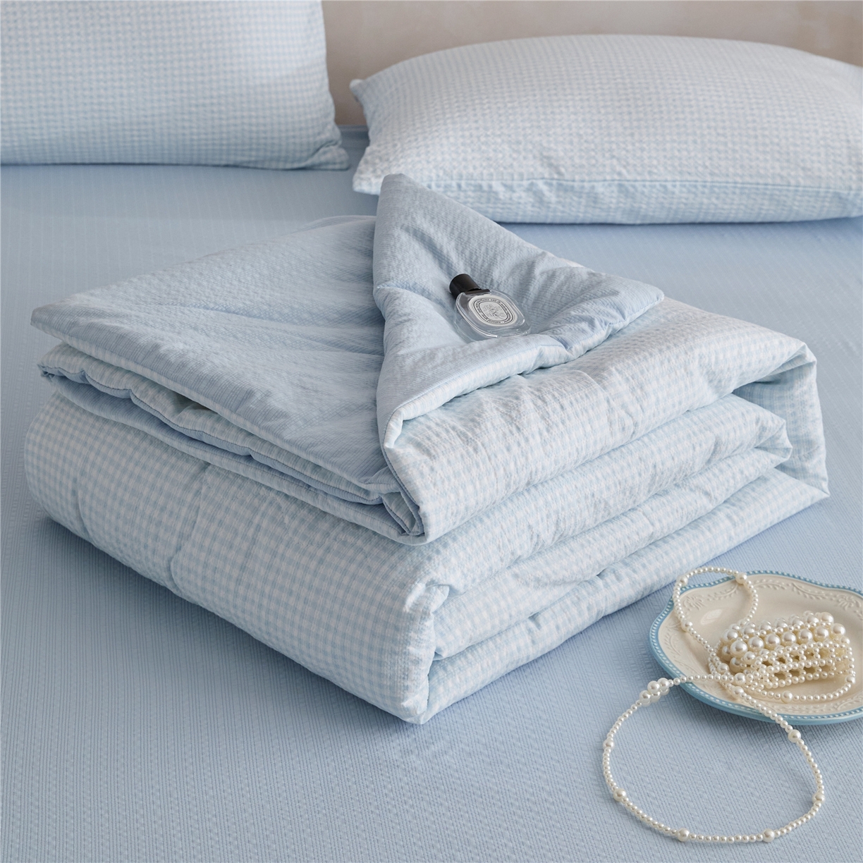 艺菲阁家纺 2026新款泡芙棉夏被夏凉被空调被 可可蓝格