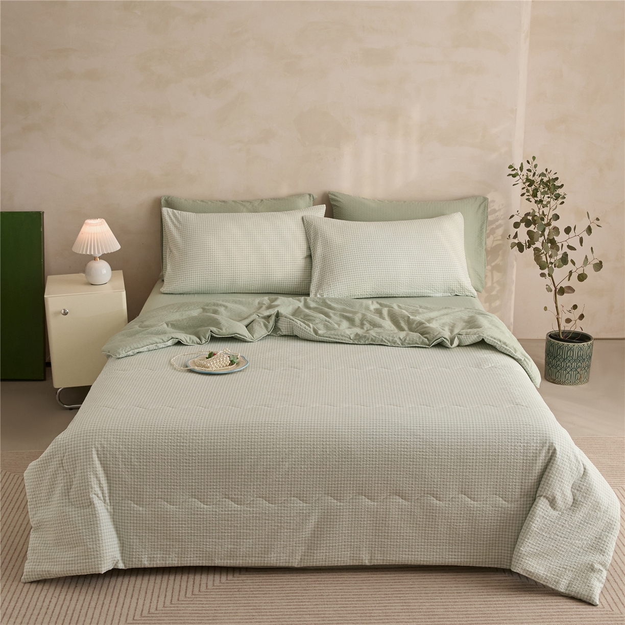 91家纺网 家纺一手货源 找家纺 艺菲阁家纺 2026新款泡芙棉夏被夏凉被空调被 可可绿格