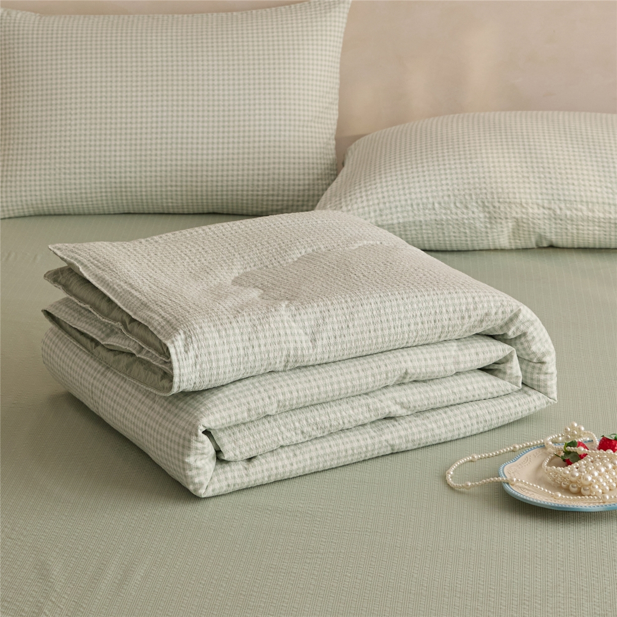 91家纺网 家纺一手货源 找家纺 艺菲阁家纺 2026新款泡芙棉夏被夏凉被空调被 可可绿格