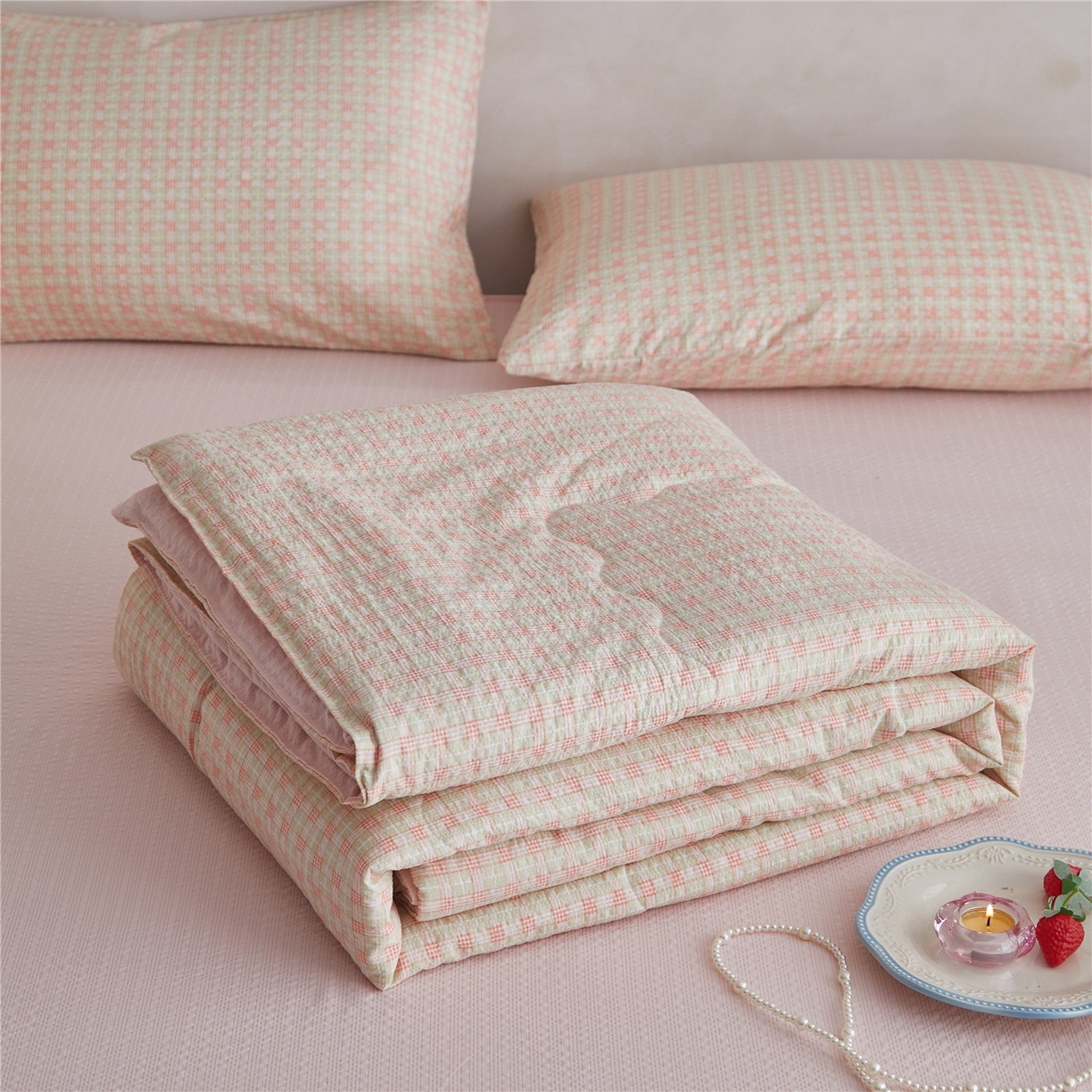 91家纺网 家纺一手货源 找家纺 艺菲阁家纺 2026新款泡芙棉夏被夏凉被空调被 青橘格