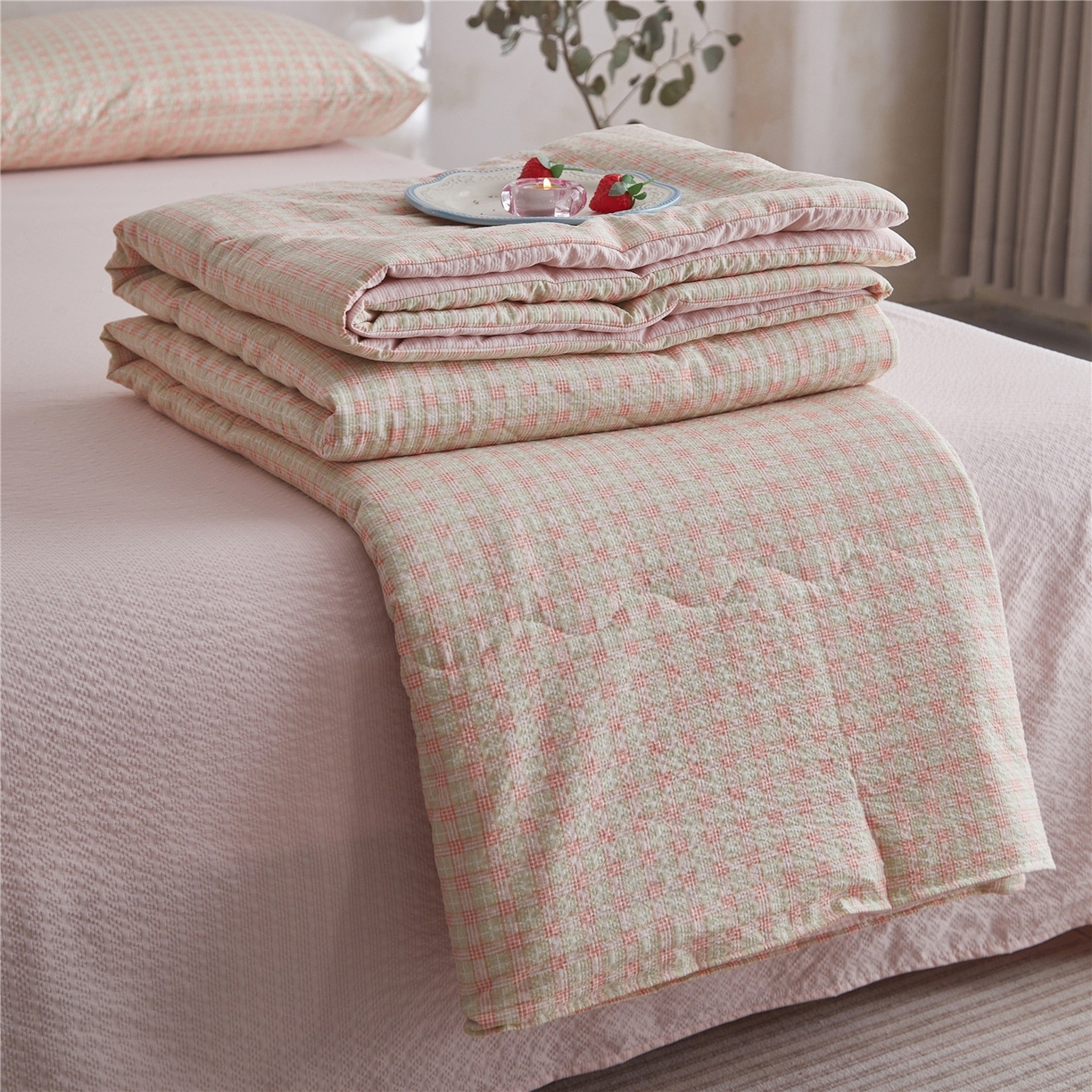 91家纺网 家纺一手货源 找家纺 艺菲阁家纺 2026新款泡芙棉夏被夏凉被空调被 青橘格