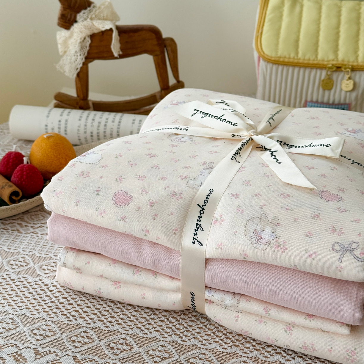 91家纺网 家纺一手货源 找家纺 于果 2026新款全棉纯棉双层纱四件套 卷耳小姐