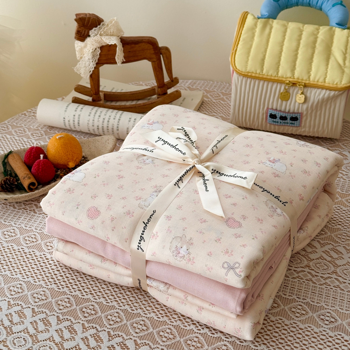 91家纺网 家纺一手货源 找家纺 于果 2026新款全棉纯棉双层纱四件套 卷耳小姐