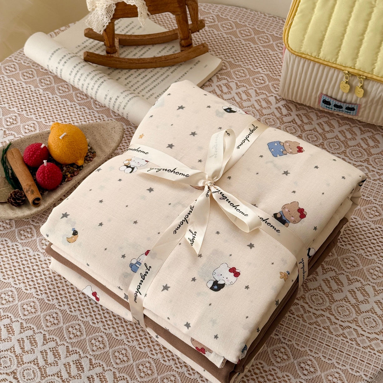 于果 2026新款全棉纯棉双层纱四件套 咖啡猫