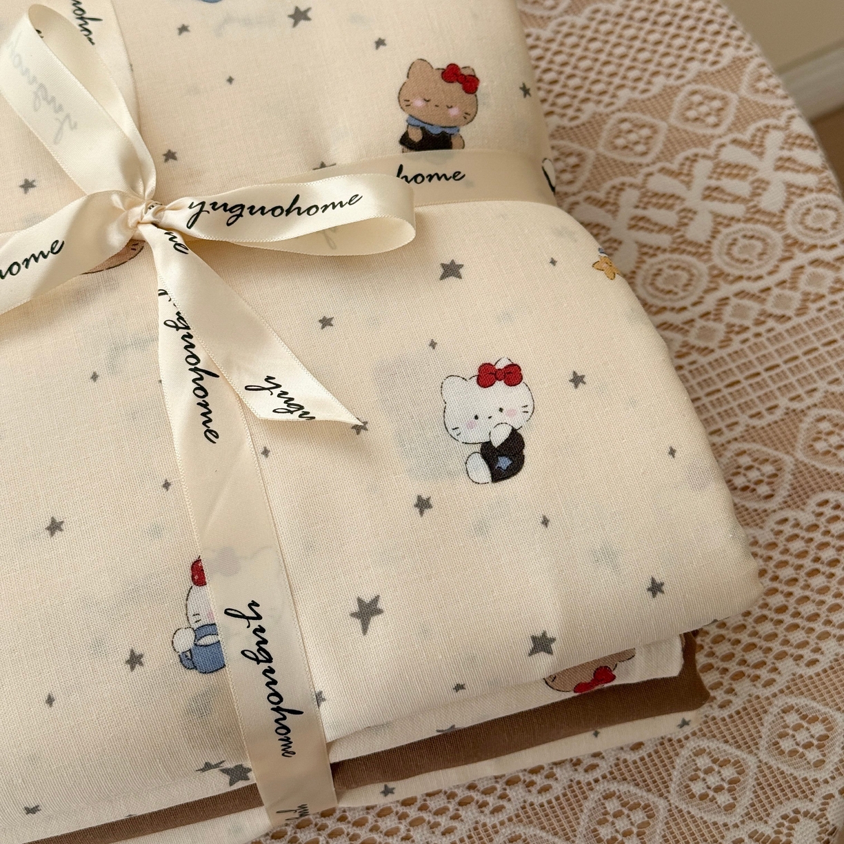 91家纺网 家纺一手货源 找家纺 于果 2026新款全棉纯棉双层纱四件套 咖啡猫