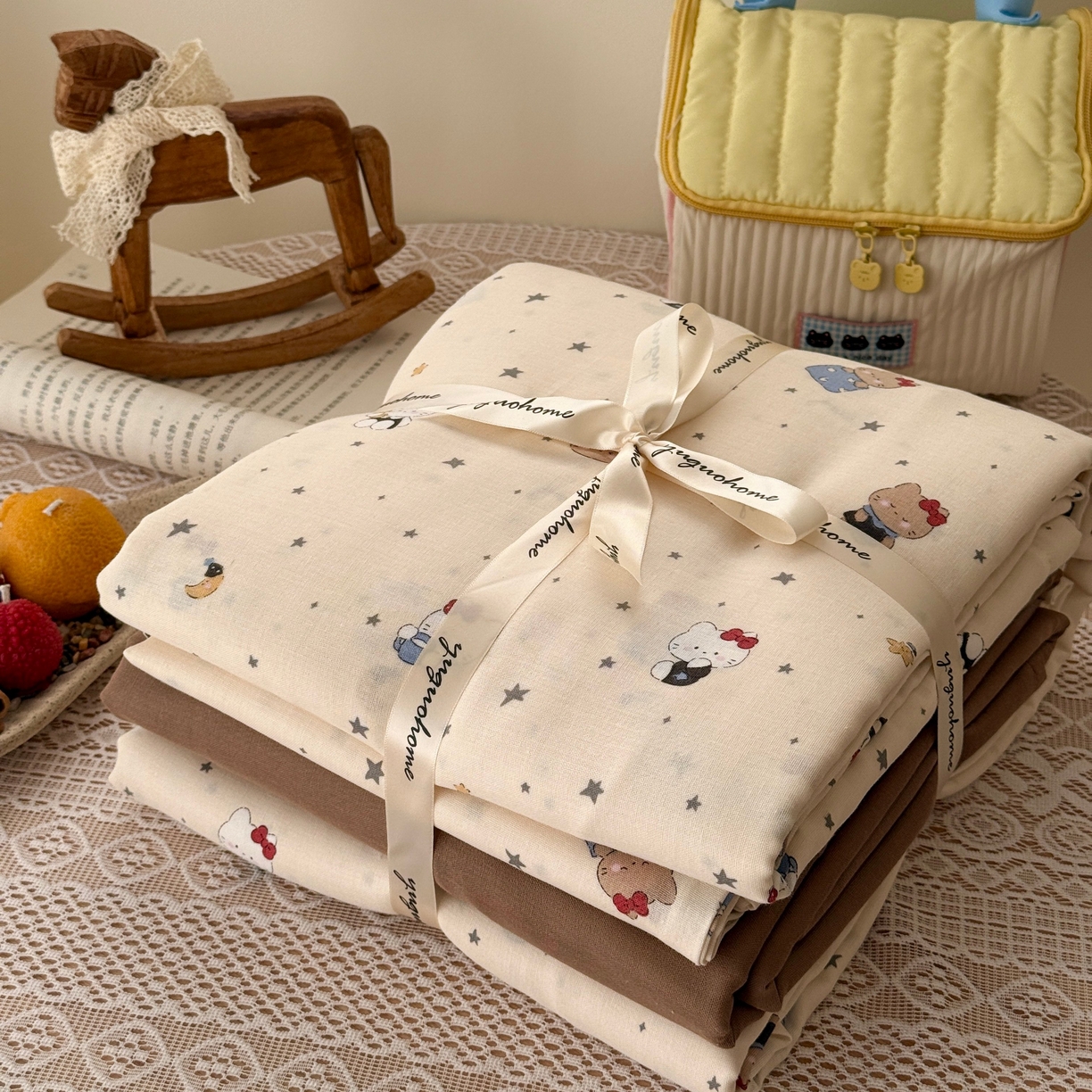 91家纺网 家纺一手货源 找家纺 于果 2026新款全棉纯棉双层纱四件套 咖啡猫