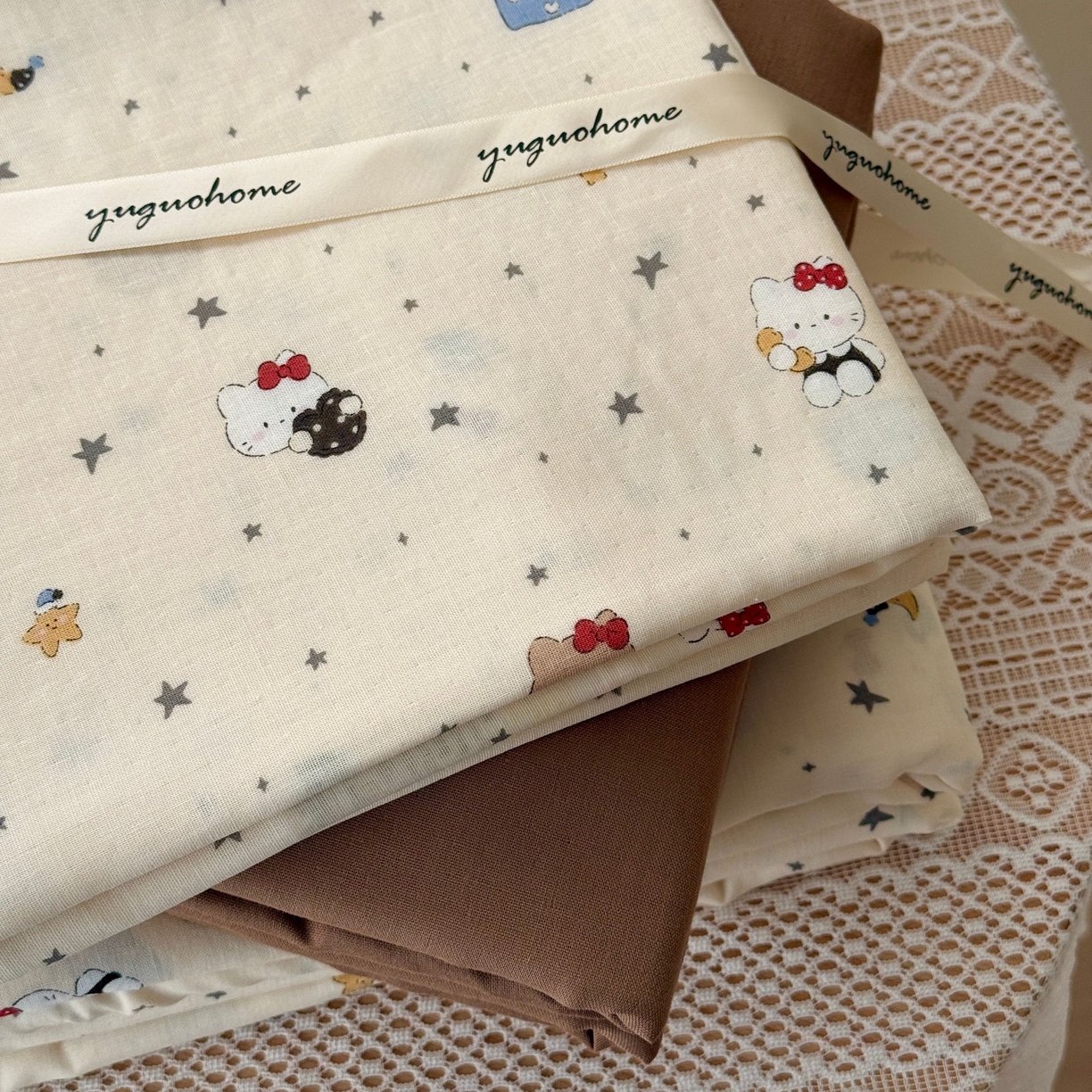 91家纺网 家纺一手货源 找家纺 于果 2026新款全棉纯棉双层纱四件套 咖啡猫