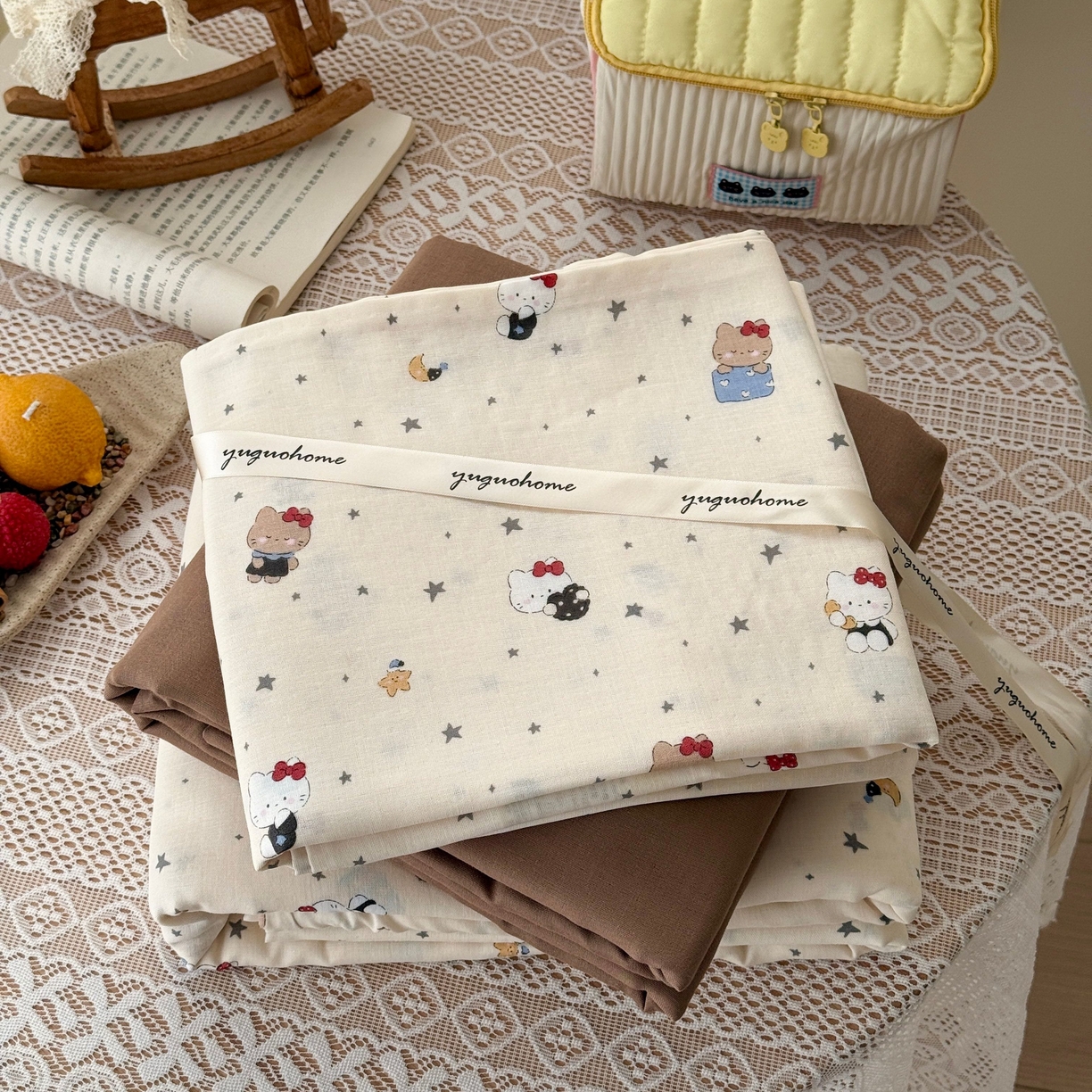 91家纺网 家纺一手货源 找家纺 于果 2026新款全棉纯棉双层纱四件套 咖啡猫