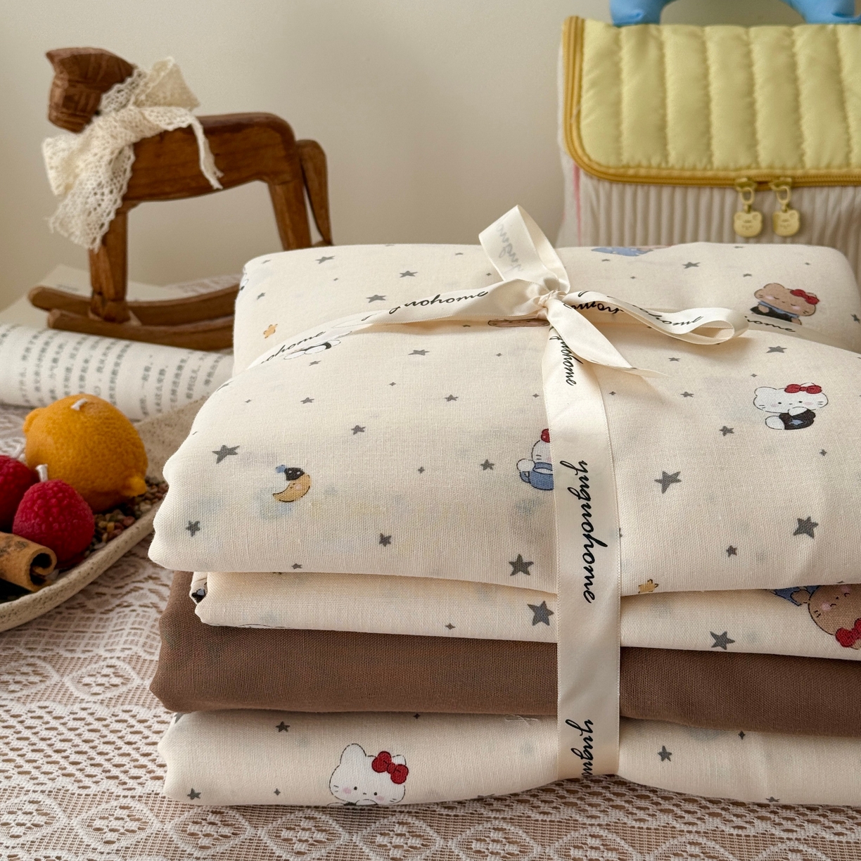 91家纺网 家纺一手货源 找家纺 于果 2026新款全棉纯棉双层纱四件套 咖啡猫