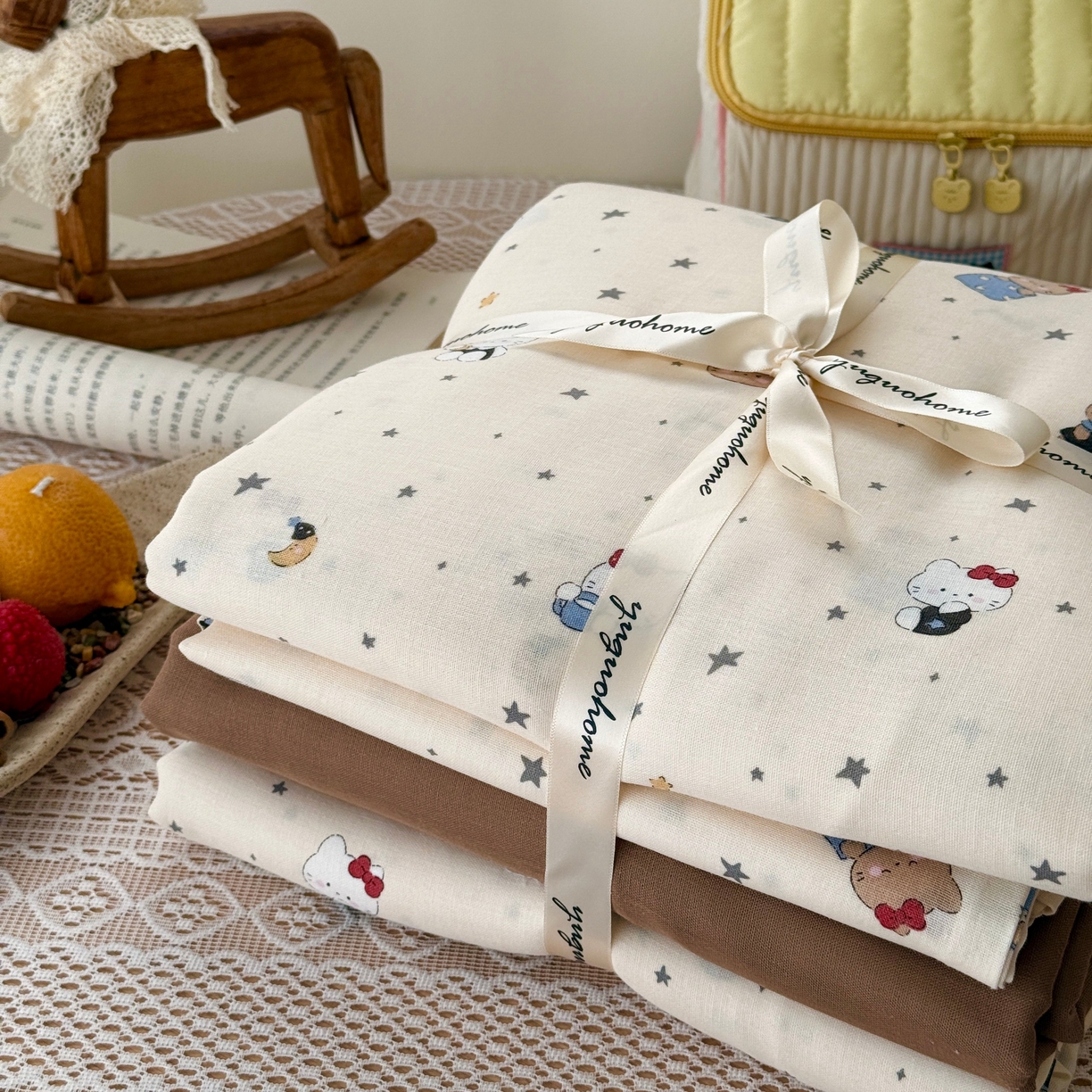 91家纺网 家纺一手货源 找家纺 于果 2026新款全棉纯棉双层纱四件套 咖啡猫