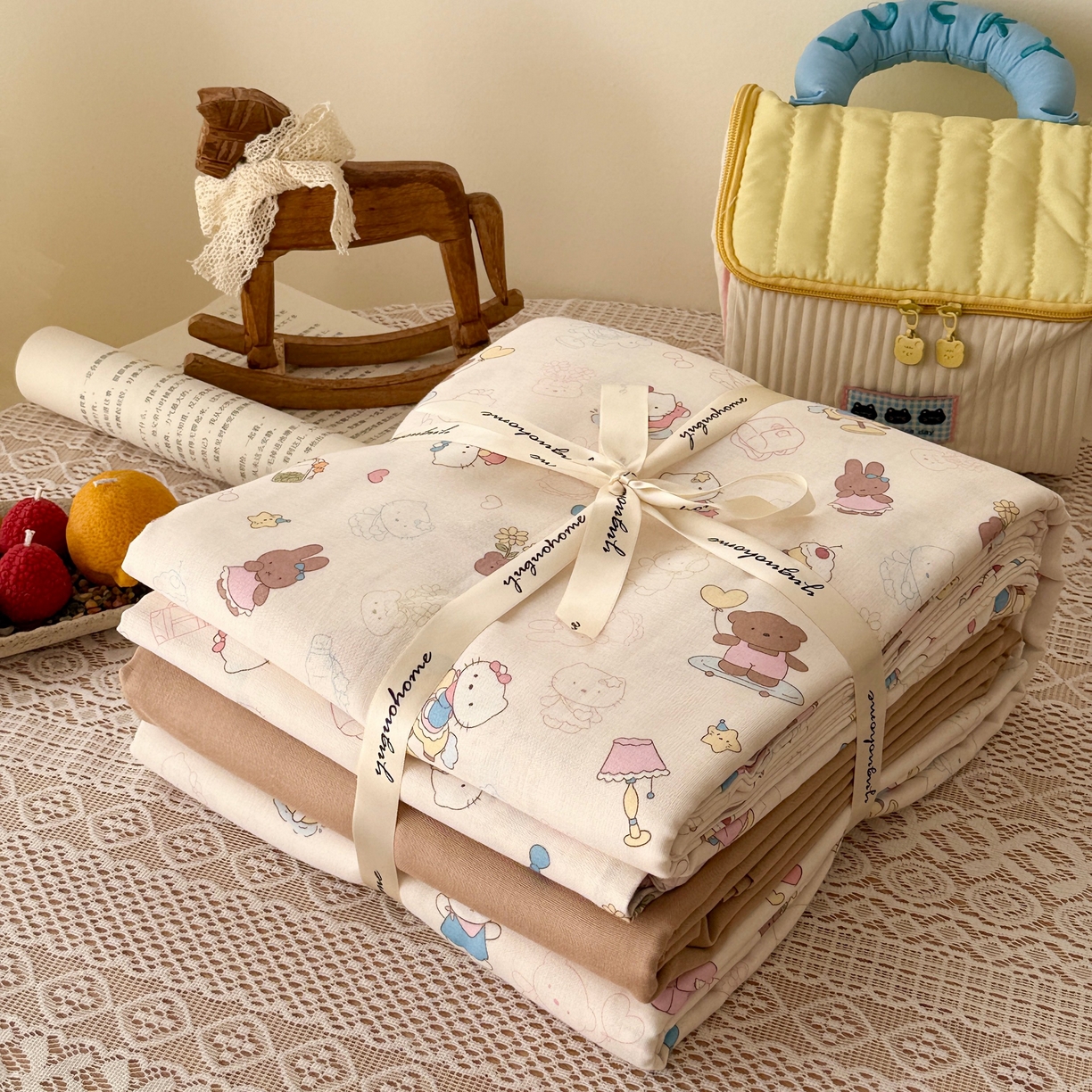 91家纺网 家纺一手货源 找家纺 于果 2026新款全棉纯棉双层纱四件套 卡卡乐园