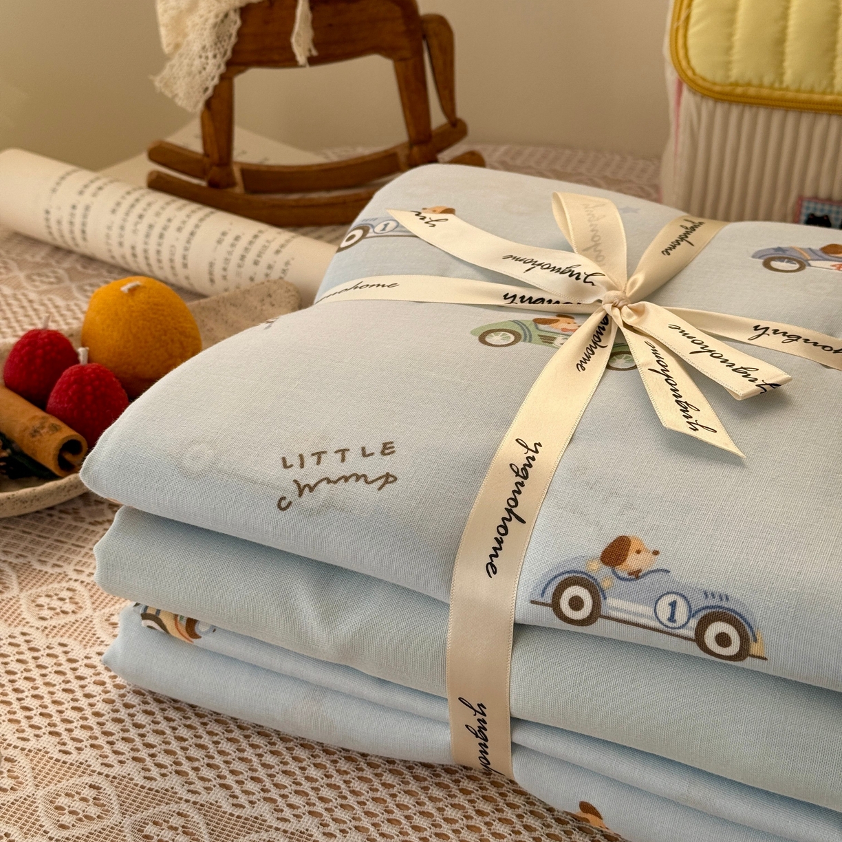 91家纺网 家纺一手货源 找家纺 于果 2026新款全棉纯棉双层纱四件套 汽车狗