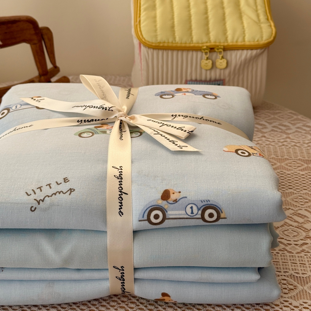 91家纺网 家纺一手货源 找家纺 于果 2026新款全棉纯棉双层纱四件套 汽车狗