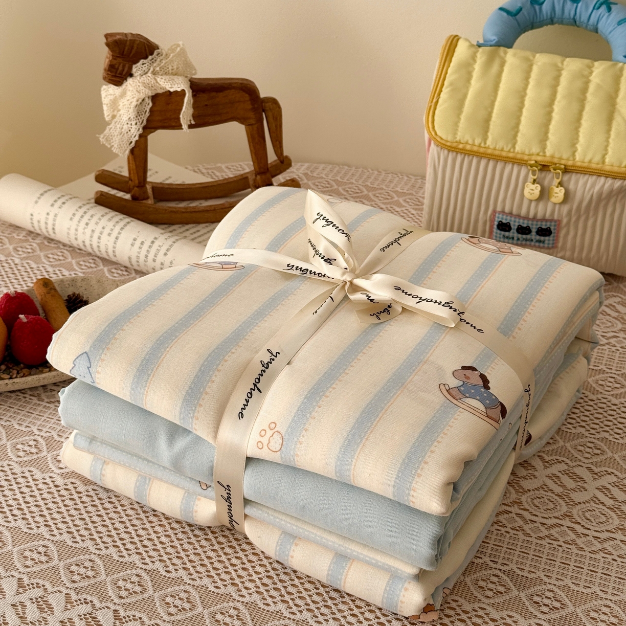 91家纺网 家纺一手货源 找家纺 于果 2026新款全棉纯棉双层纱四件套 跷跷马