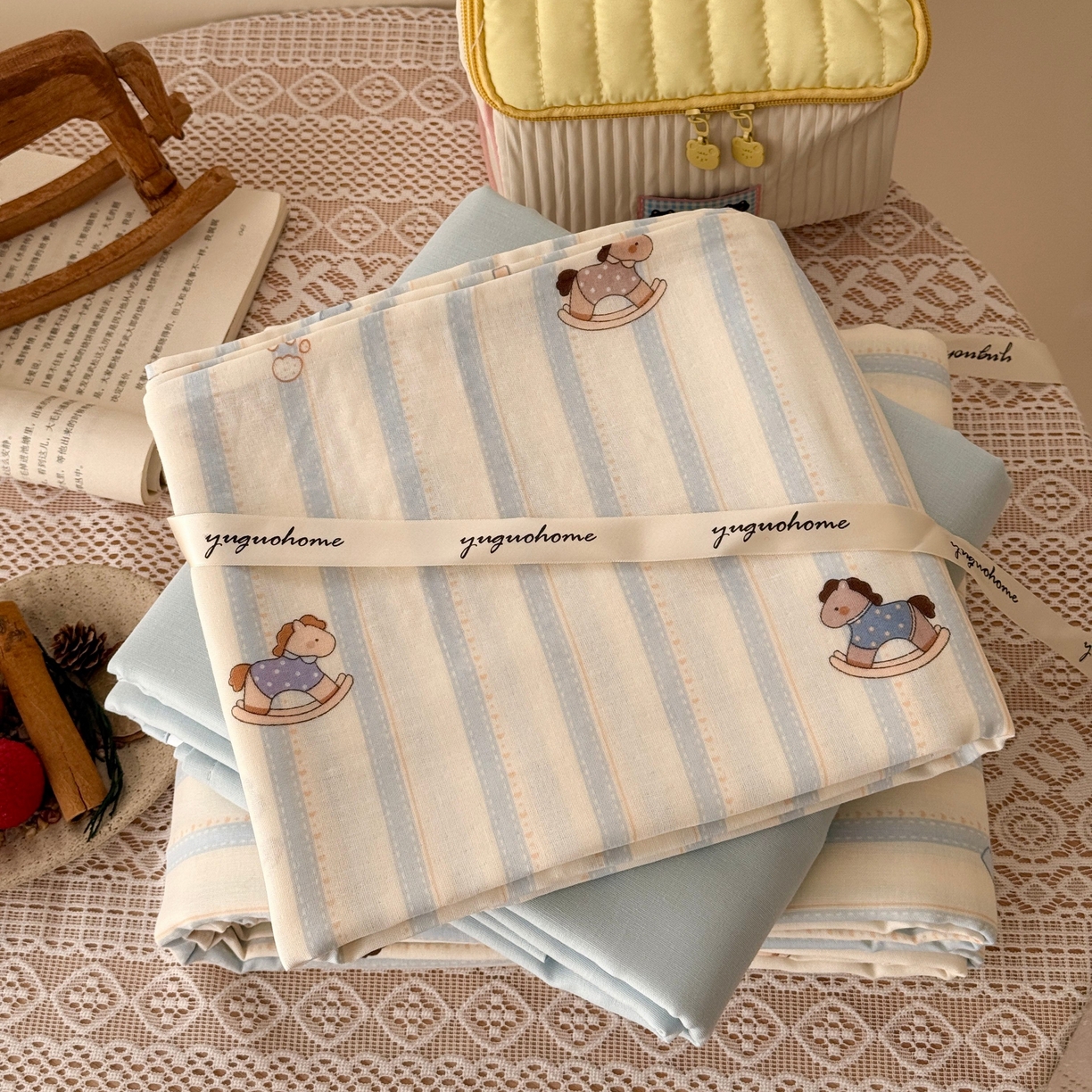 91家纺网 家纺一手货源 找家纺 于果 2026新款全棉纯棉双层纱四件套 跷跷马