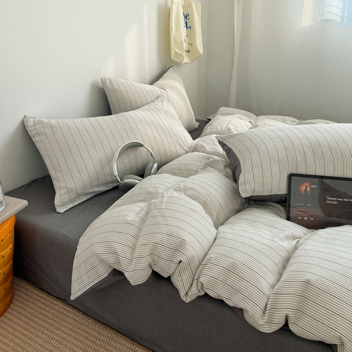 91家纺网 家纺一手货源 找家纺 莱茵家居 2026新款A类全棉色织日系芝麻锻纹套件-暮云系列 暮云-白灰