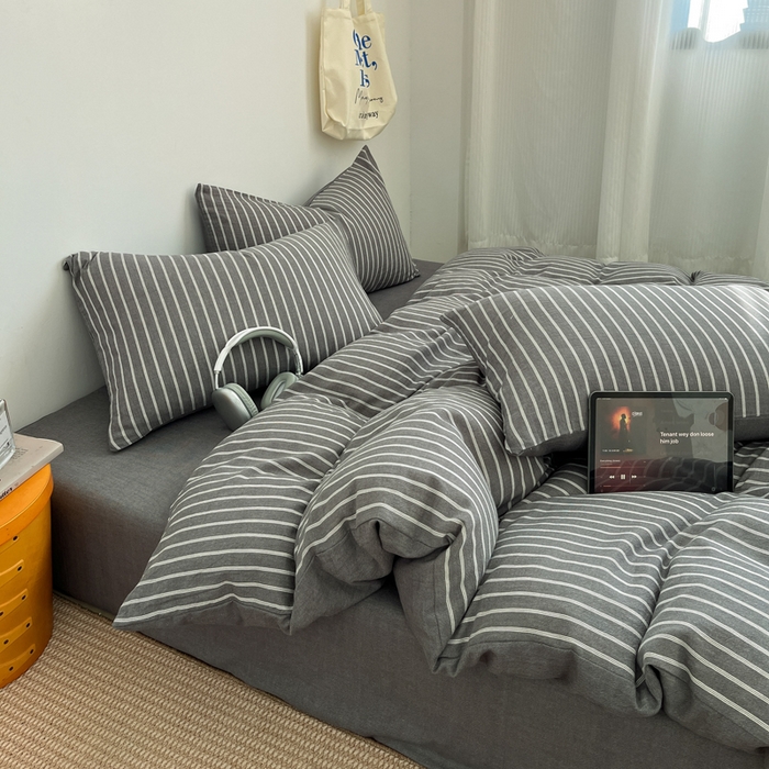 91家纺网 家纺一手货源 找家纺 莱茵家居 2026新款A类全棉色织日系芝麻锻纹套件-暮云系列 暮云-灰白