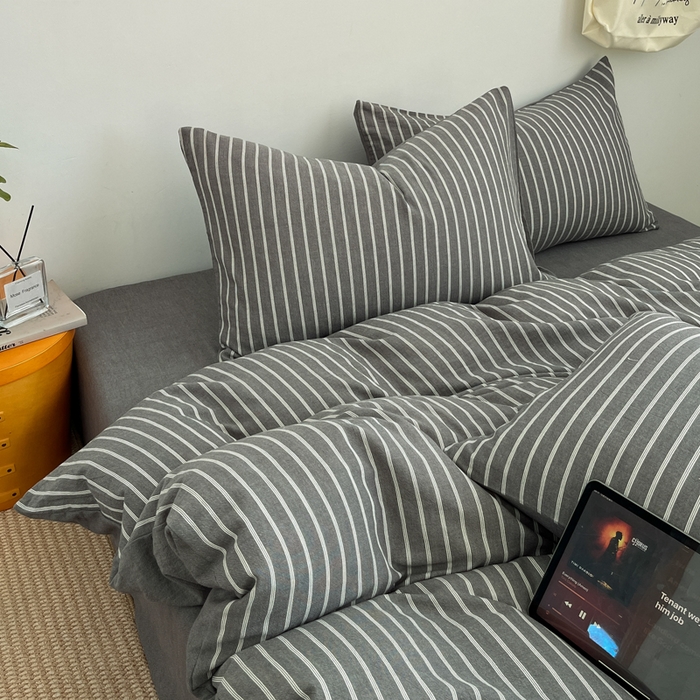 91家纺网 家纺一手货源 找家纺 莱茵家居 2026新款A类全棉色织日系芝麻锻纹套件-暮云系列 暮云-灰白